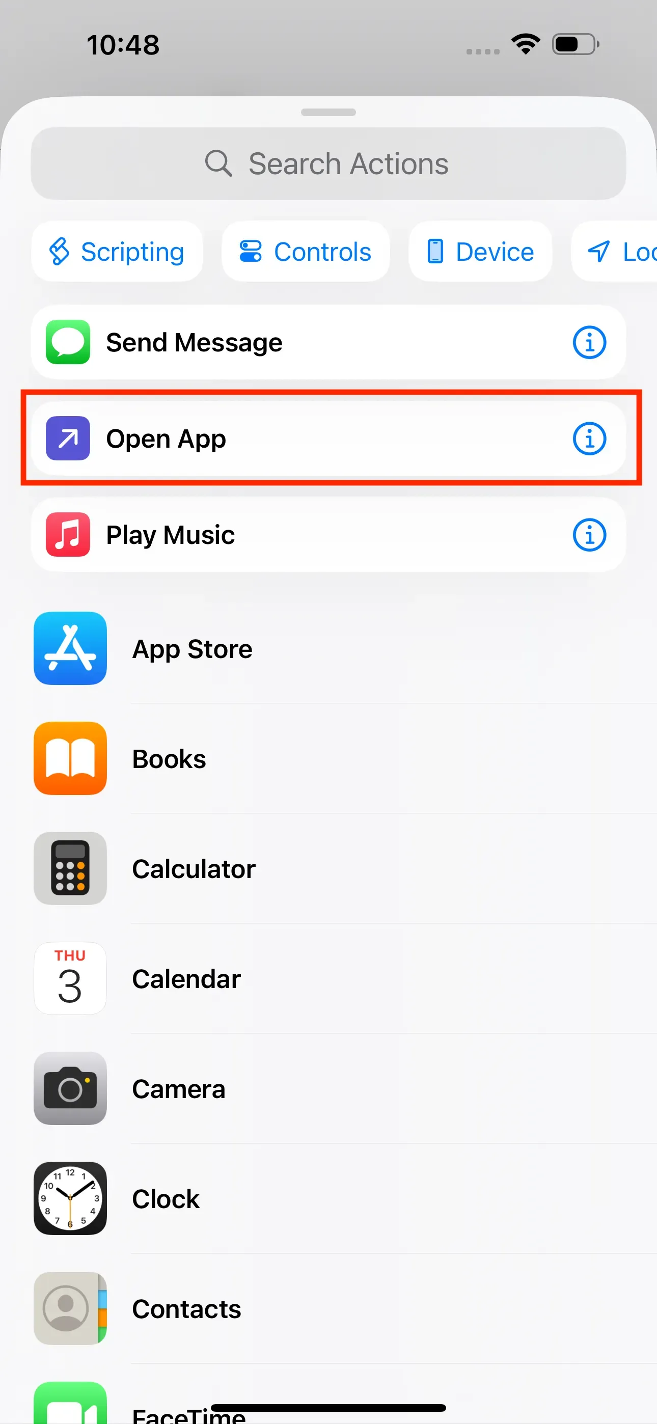 The ‘Open app’ action is selected.