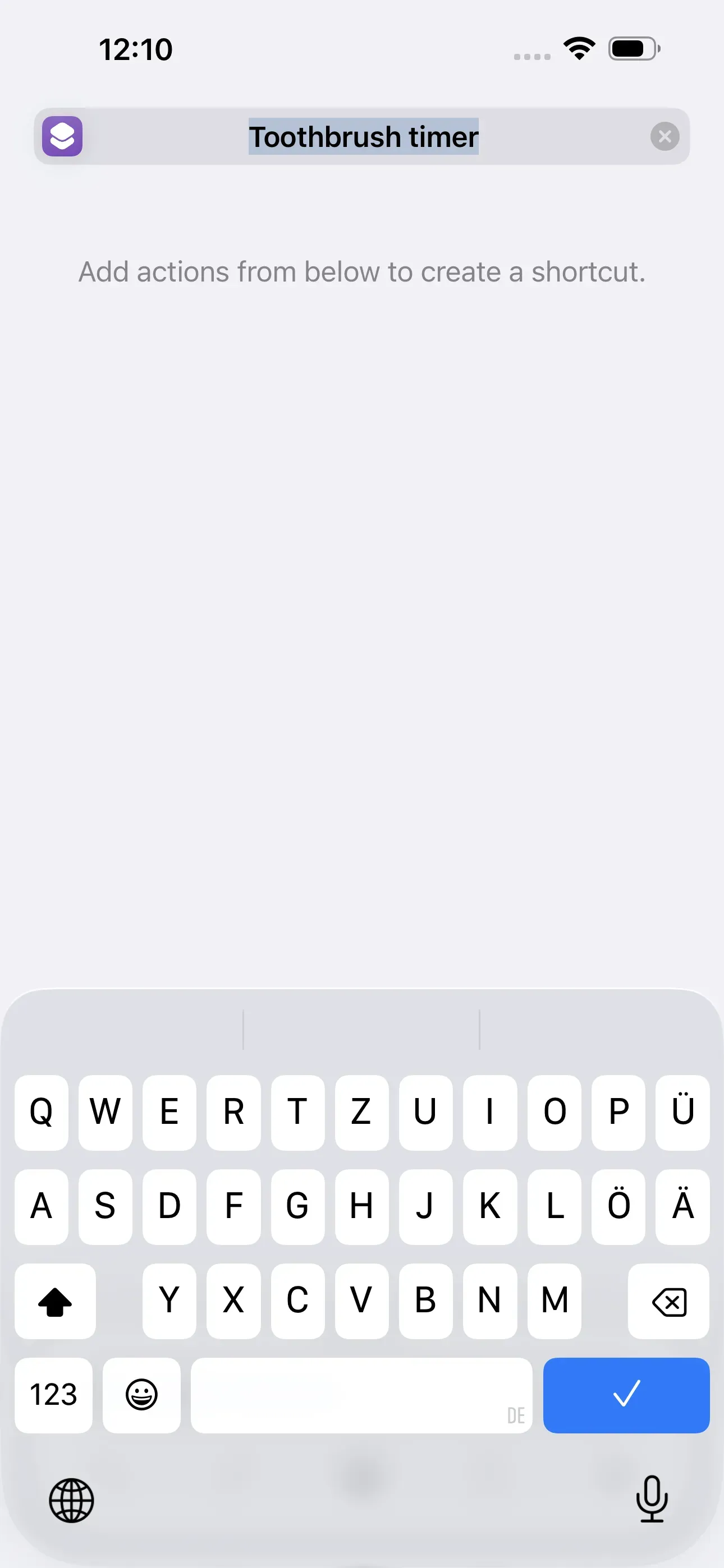The name of the shortcut is confirmed in the bottom left corner of the keyboard with a blue tick.
