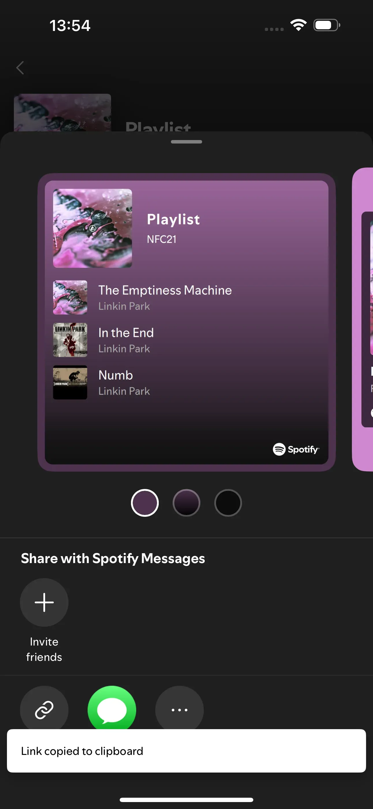 The message ‘Link copied to clipboard’ appears at the bottom of the screen.  