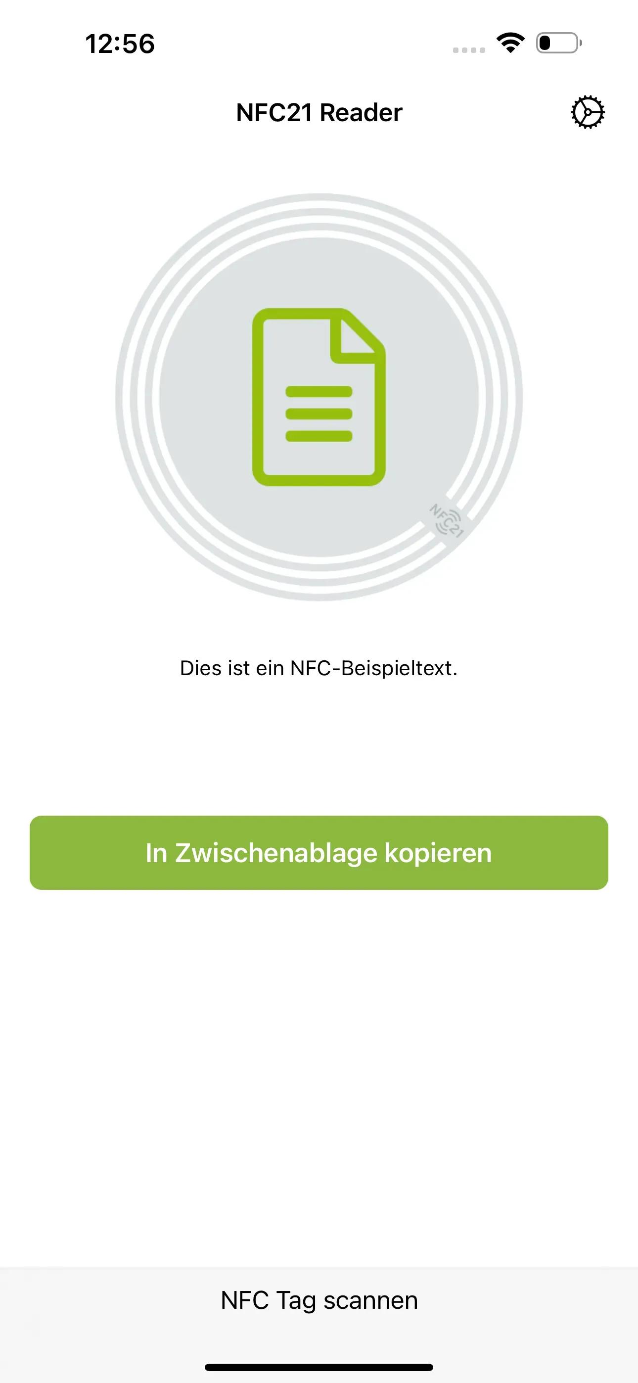 Beim Scan des NFC-Tags mit der NFC21 Reader App, erscheint der darauf gespeicherte Text. Dieser kann über den darunterliegenden Button „In Zwischenablage kopieren” direkt kopiert werden.