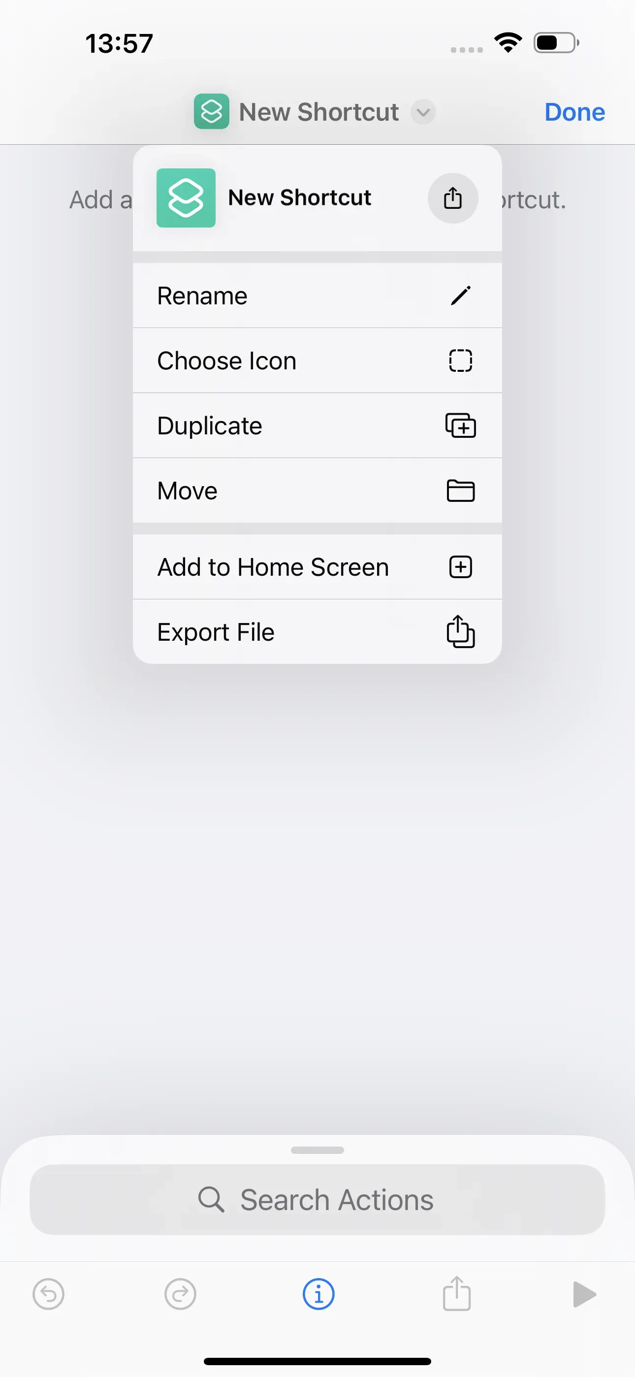 When you tap on 'New Shortcut', a window appears with the option 'Rename'. 
