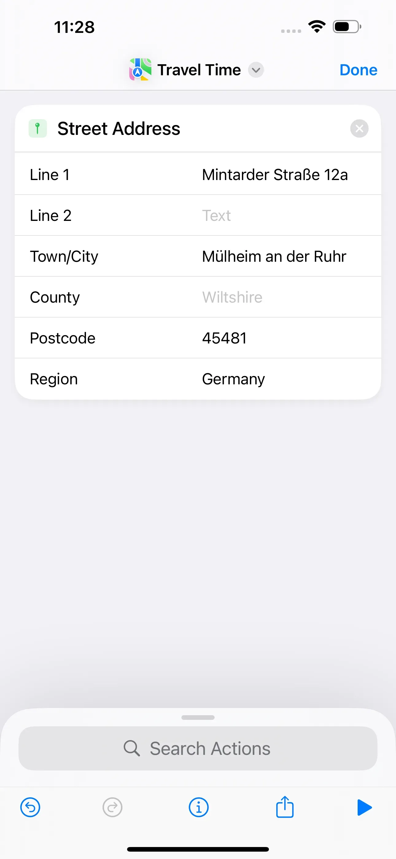 The “Street” action is started and the information about the address, such as the street name, town or city, county, postal code, and region, must be entered.