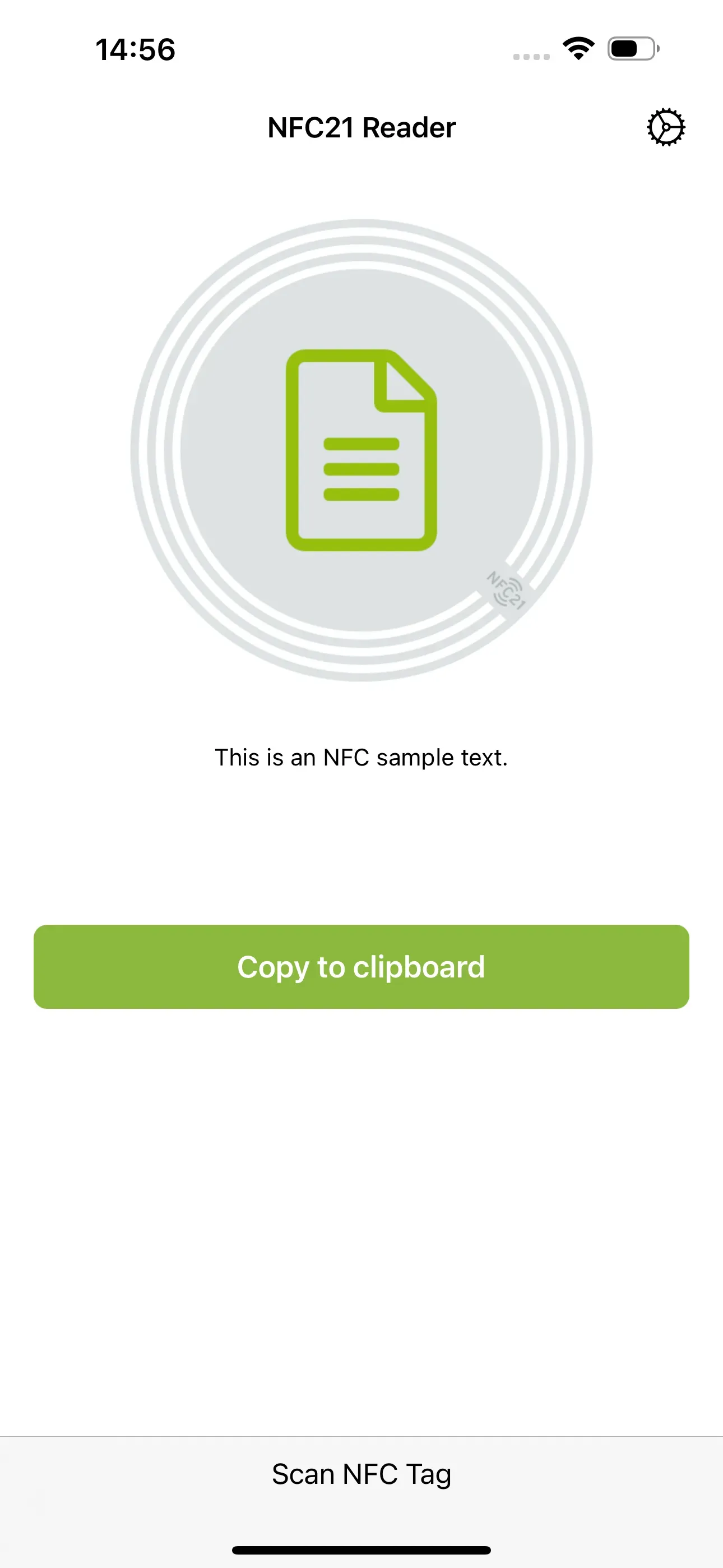 When scanning the NFC tag with the NFC21 Reader app, the text stored on it appears. This can be copied directly using the ‘Copy to clipboard’ button below.