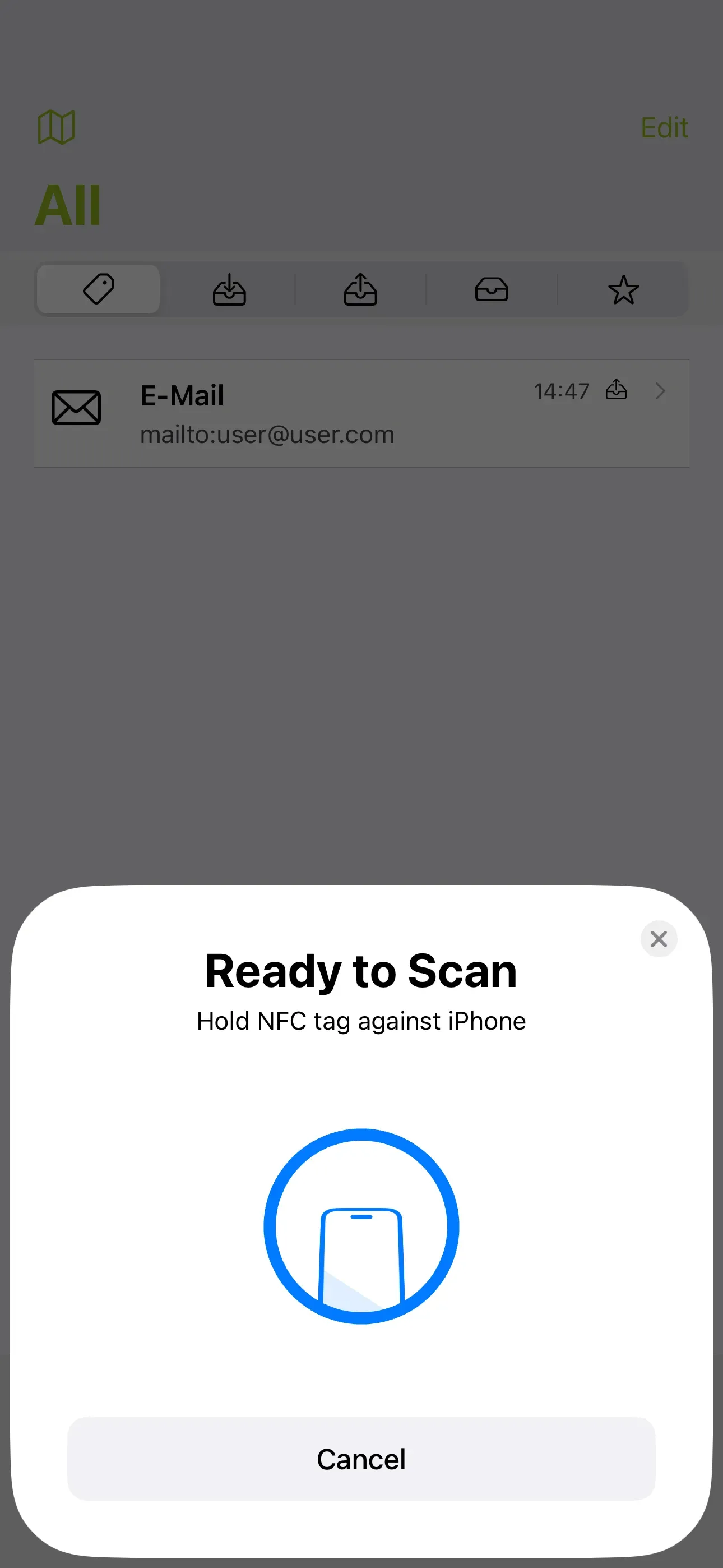 A pop-up window appears saying ‘Ready to Scan’ and prompts you to scan the NFC tag.