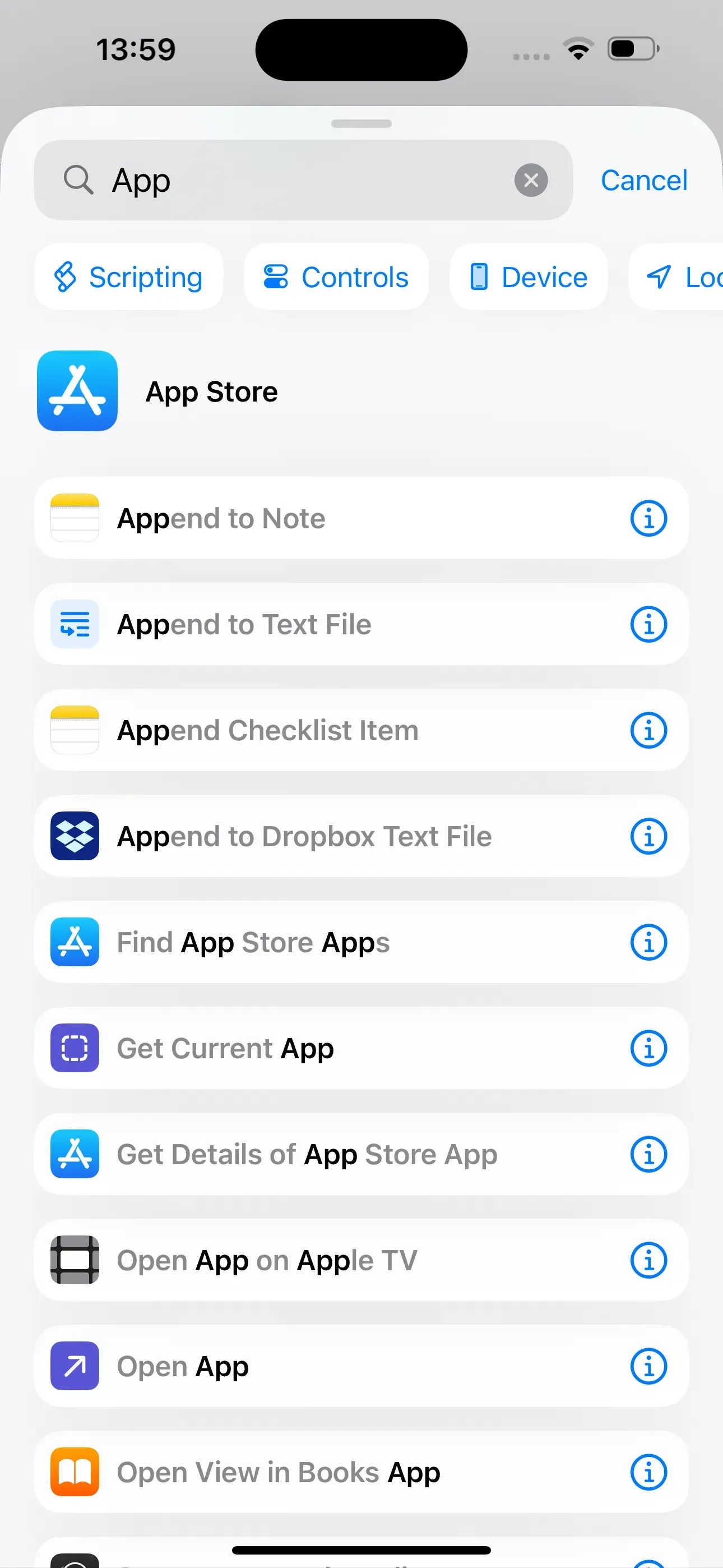 Enter ‘App’ in the search bar and various actions will be displayed.