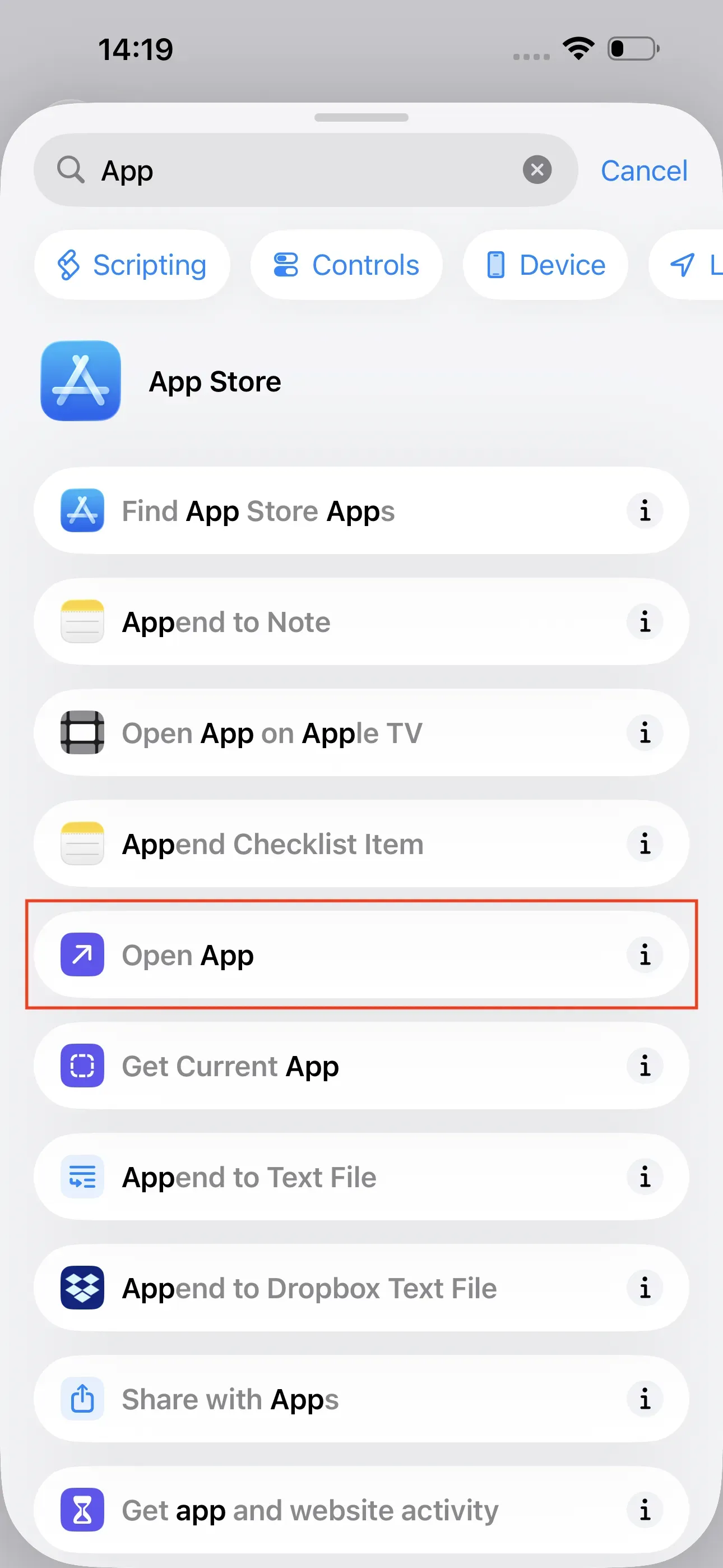 Enter ‘App’ in the search bar and various actions will be displayed.