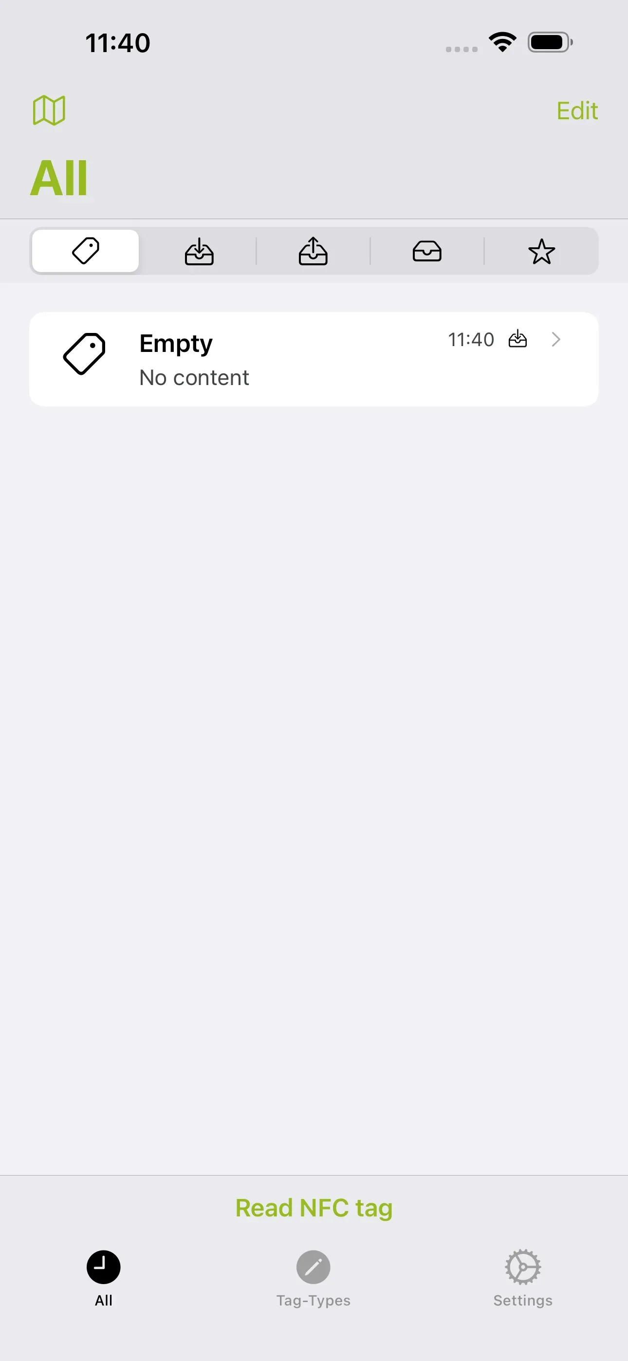 After scanning the NFC tag, a new entry appears in the “All” list. This entry is called “Empty” because the scanned NFC tag does not contain any content.