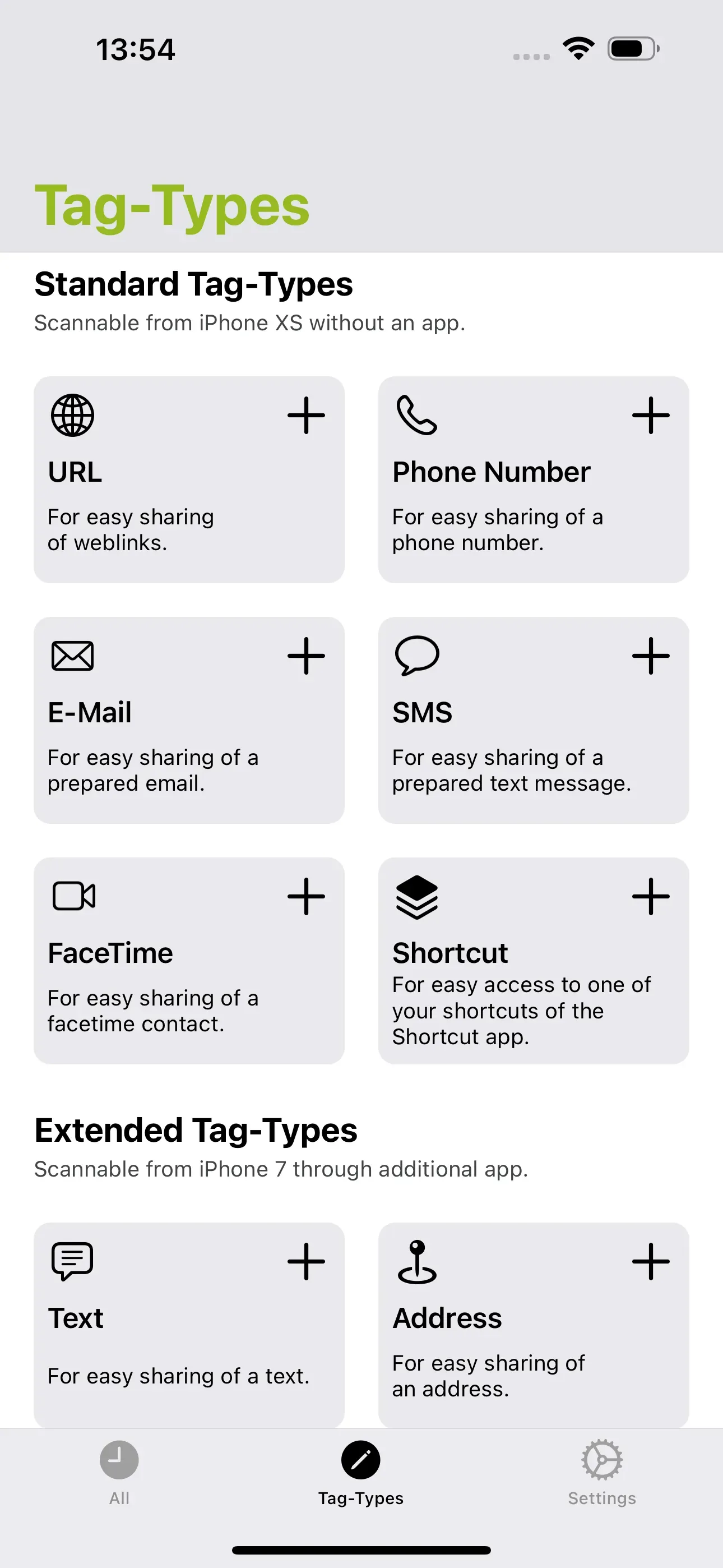 The ‘Tag-Types’ section of the NFC21 Tools app is displayed.