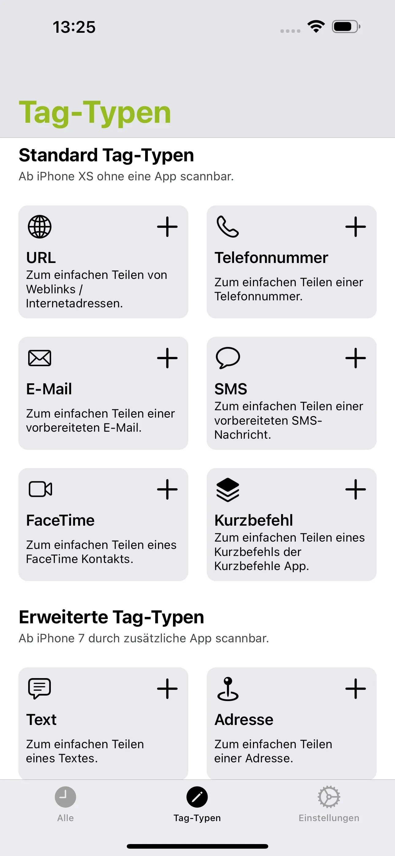Der Bereich „Tag-Typen“ der NFC21 Tools App wird angezeigt.