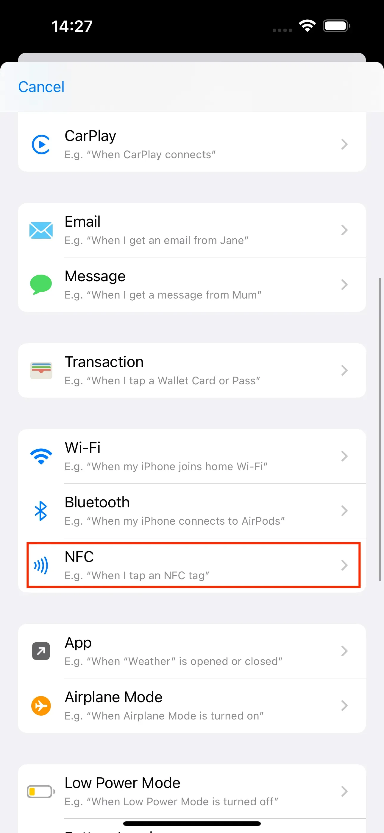 The ‘NFC’ button can be seen in the ‘Personal Automation’ window.
