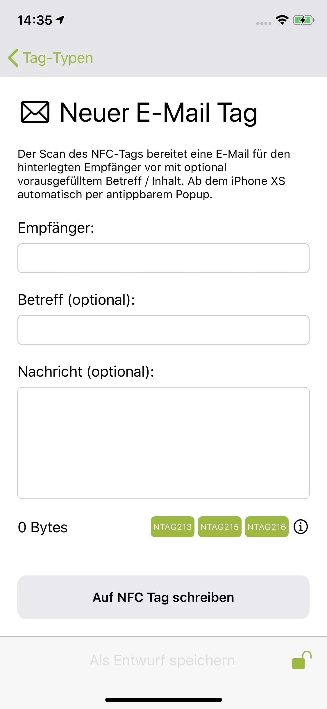 Die Seite „Neuer E-Mail Tag“ ist erkennbar und in das untere Feld soll die E-Mail-Adresse des Empfängers der E-Mail, der Betreff und die Nachricht eingetragen werden, die beim Scan des NFC-Tags gesendet werden soll.