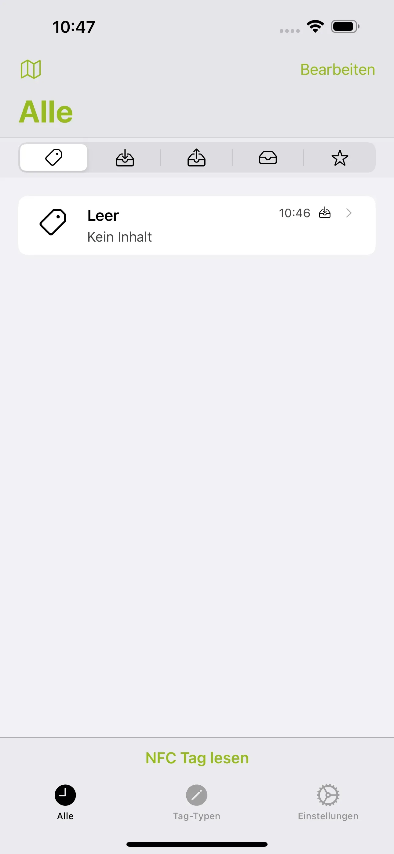 Nach dem Scan des NFC-Tags erscheint in der Liste „Alle“ ein neuer Eintrag. Dieser Eintrag heißt „Leer“, da der gescannte NFC-Tag keine Inhalte enthält.