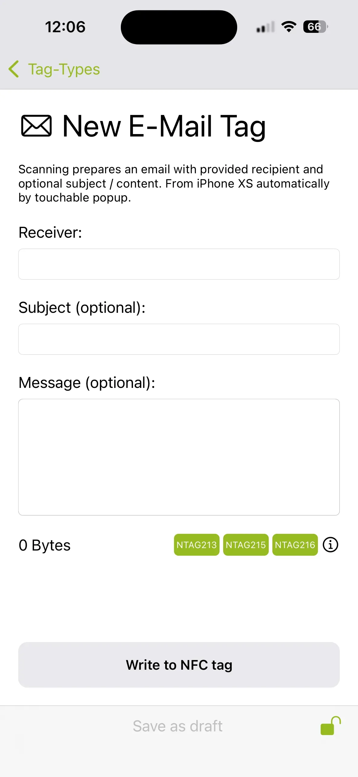 The “New E-Mail Tag” page appears and you can enter the recipient's email address, the subject line, and the message to be sent when the NFC tag is scanned in the field at the bottom.