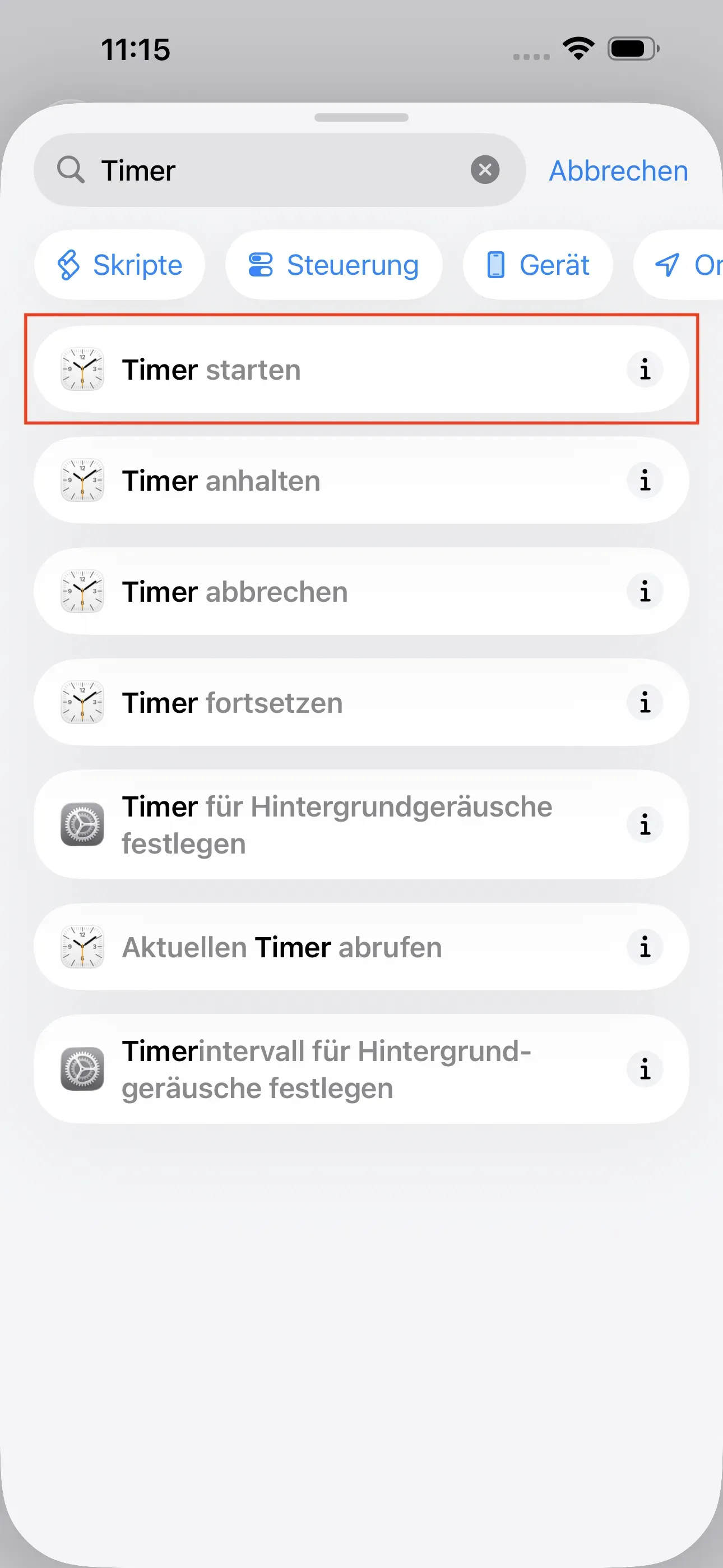 In der Suchleiste wird „Timer“ gesucht. Die Aktion „Timer starten“ ist rot umrahmt.
