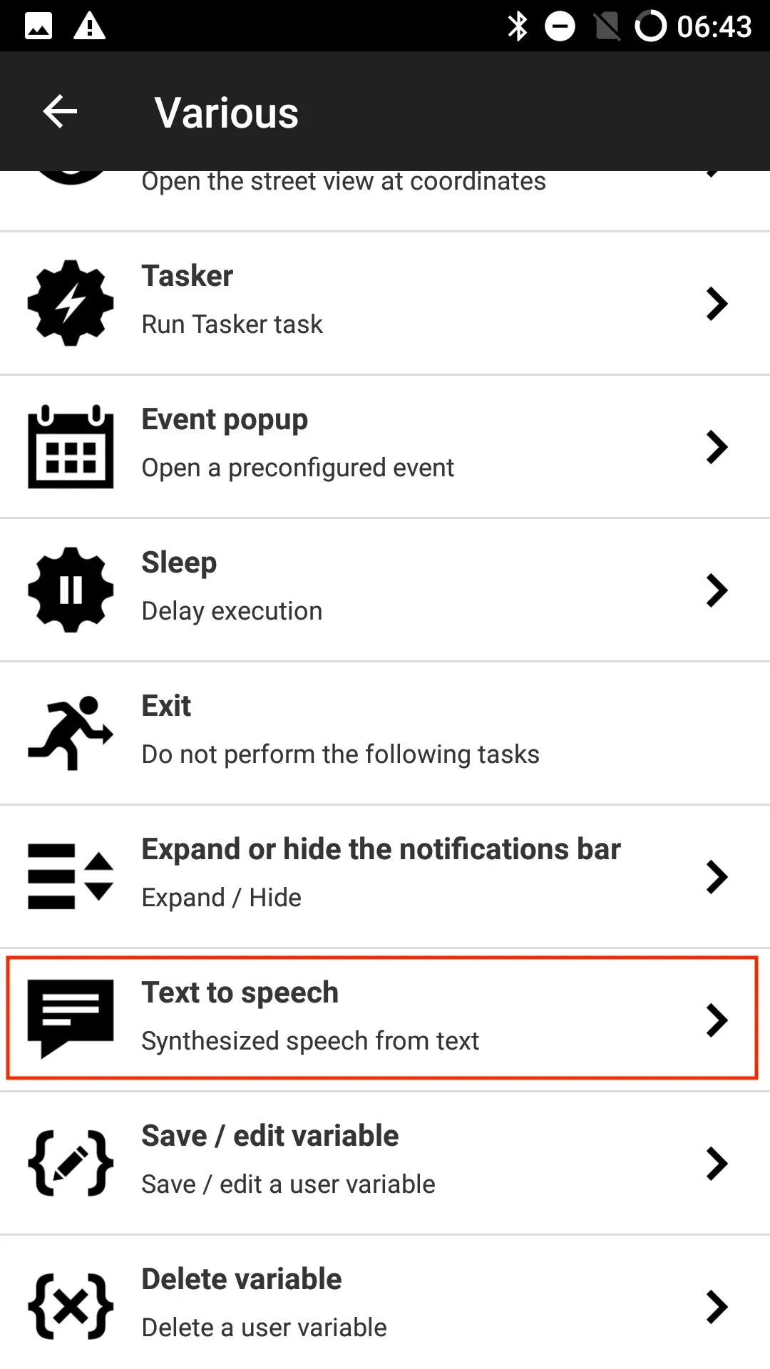 In the ‘Various window, tap on the ‘Text to speech’ action.