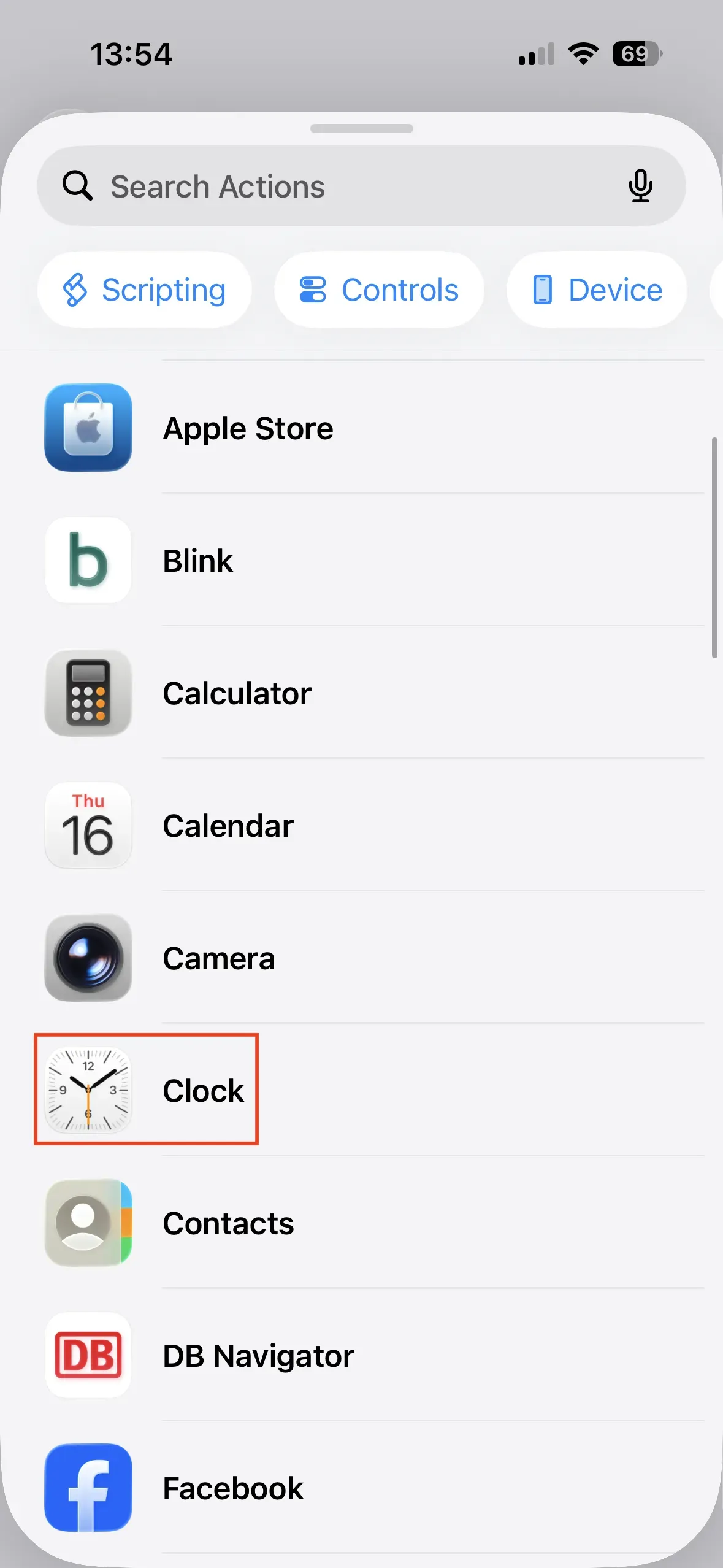 The “Clock” action is outlined in red and appears in the list of actions.