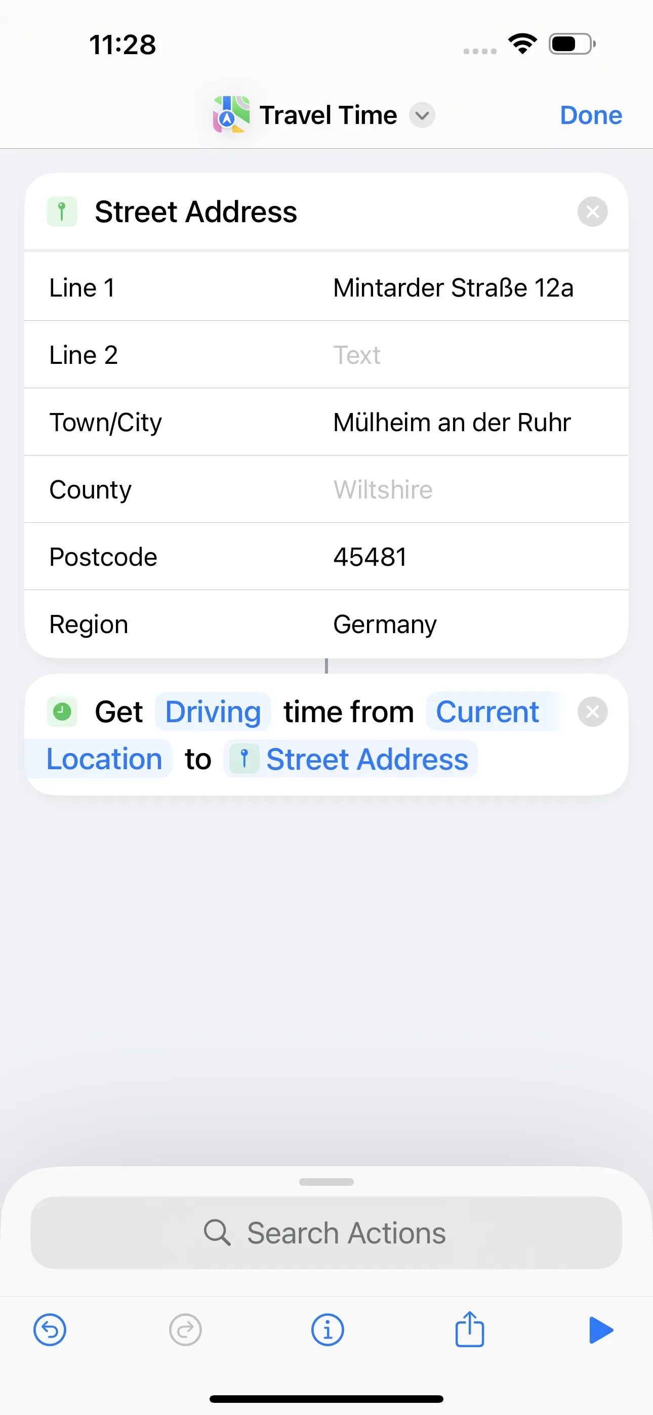The action “Get Driving time from Current Location to Street Address.” Here, the travel time from the current location to the defined street by car is retrieved.