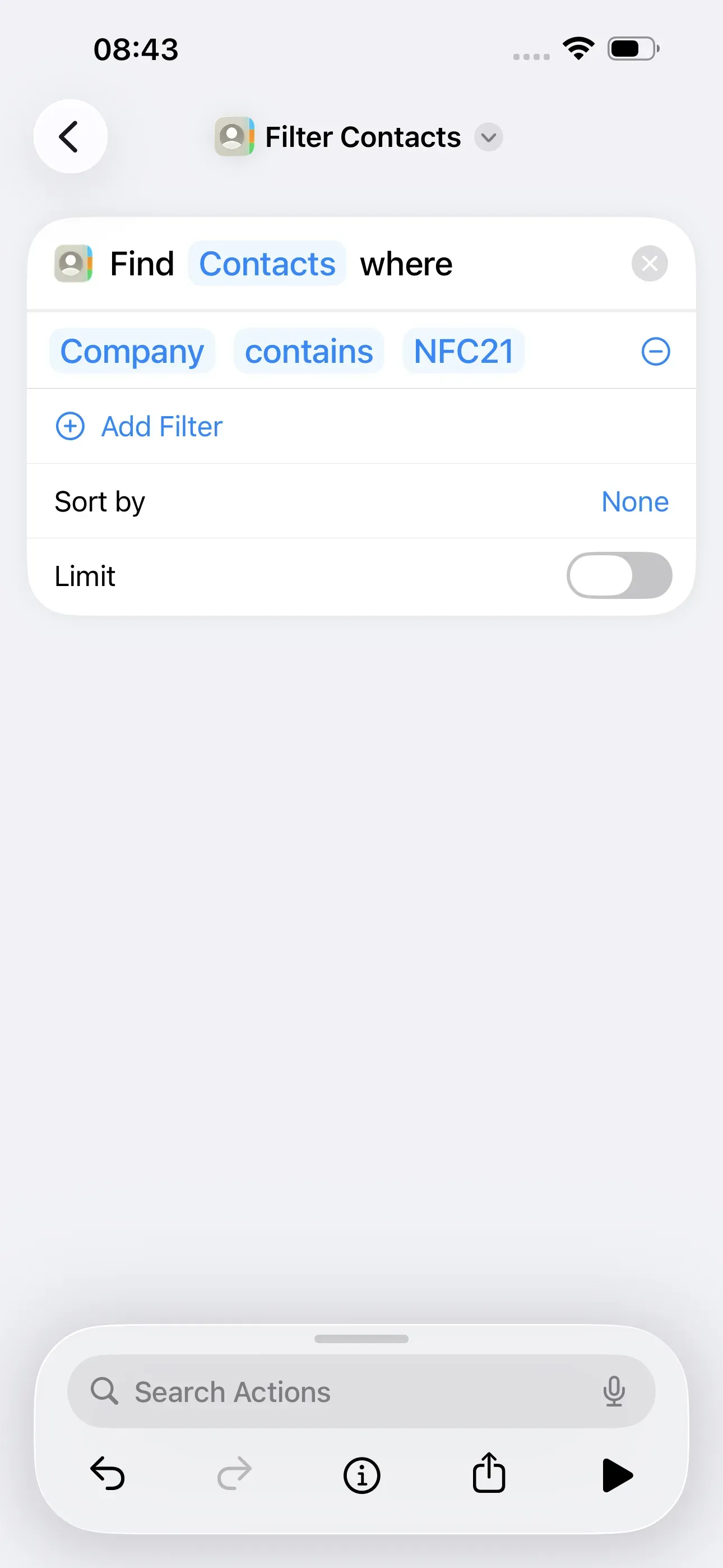 The fields ‘is’ and “anything” have been filled in. The filter is now called ‘Company contains NFC21’.