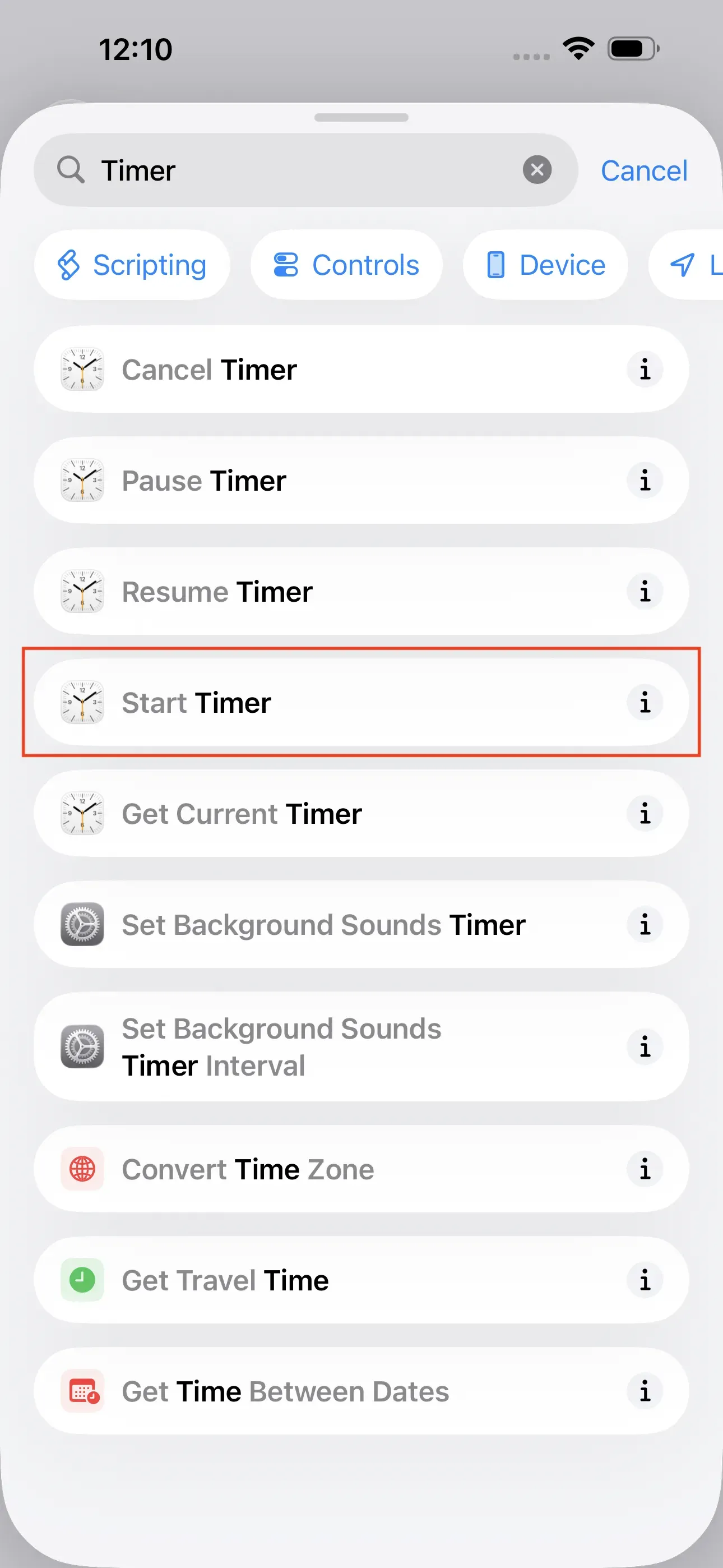 Search for ‘Timer’ in the search bar. The ‘Start Timer’ action is framed in red.