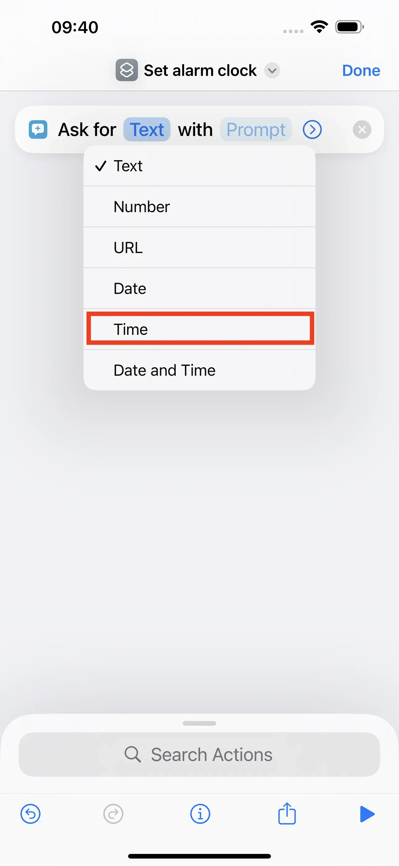 When you tap on the ‘Text’ field, several options appear, such as Text, Number, URL, Date, Time, Date and Time. Select the ‘Time’ option.