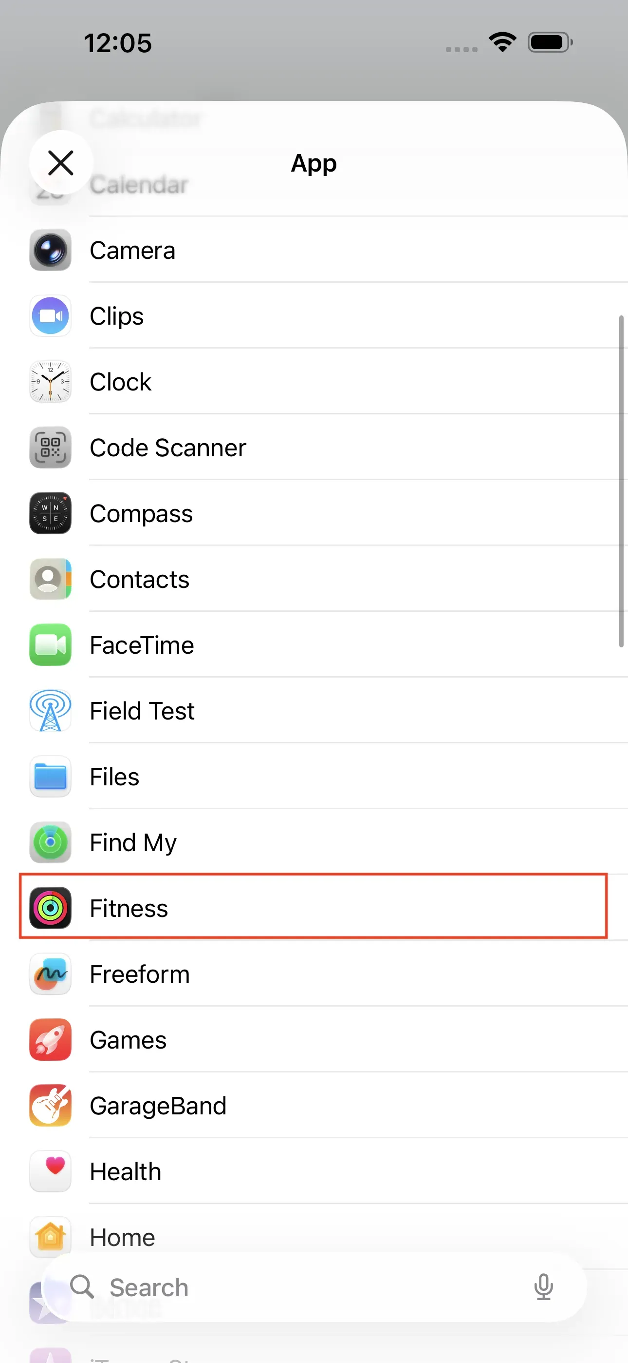 The fitness app is selected in the search bar.