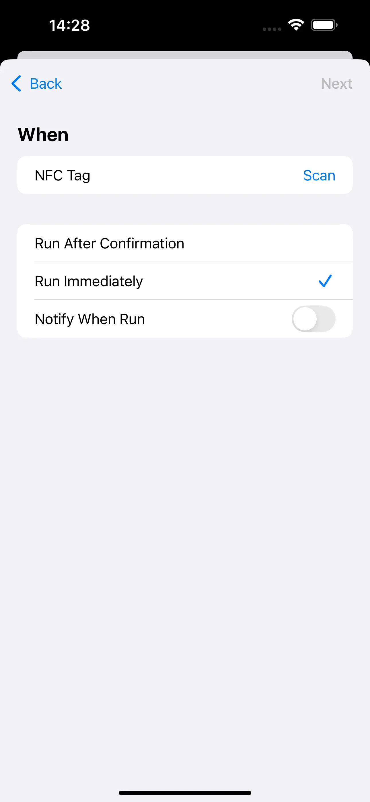 In the ‘When’ window, the blue tick is next to ‘Run Immediately’.