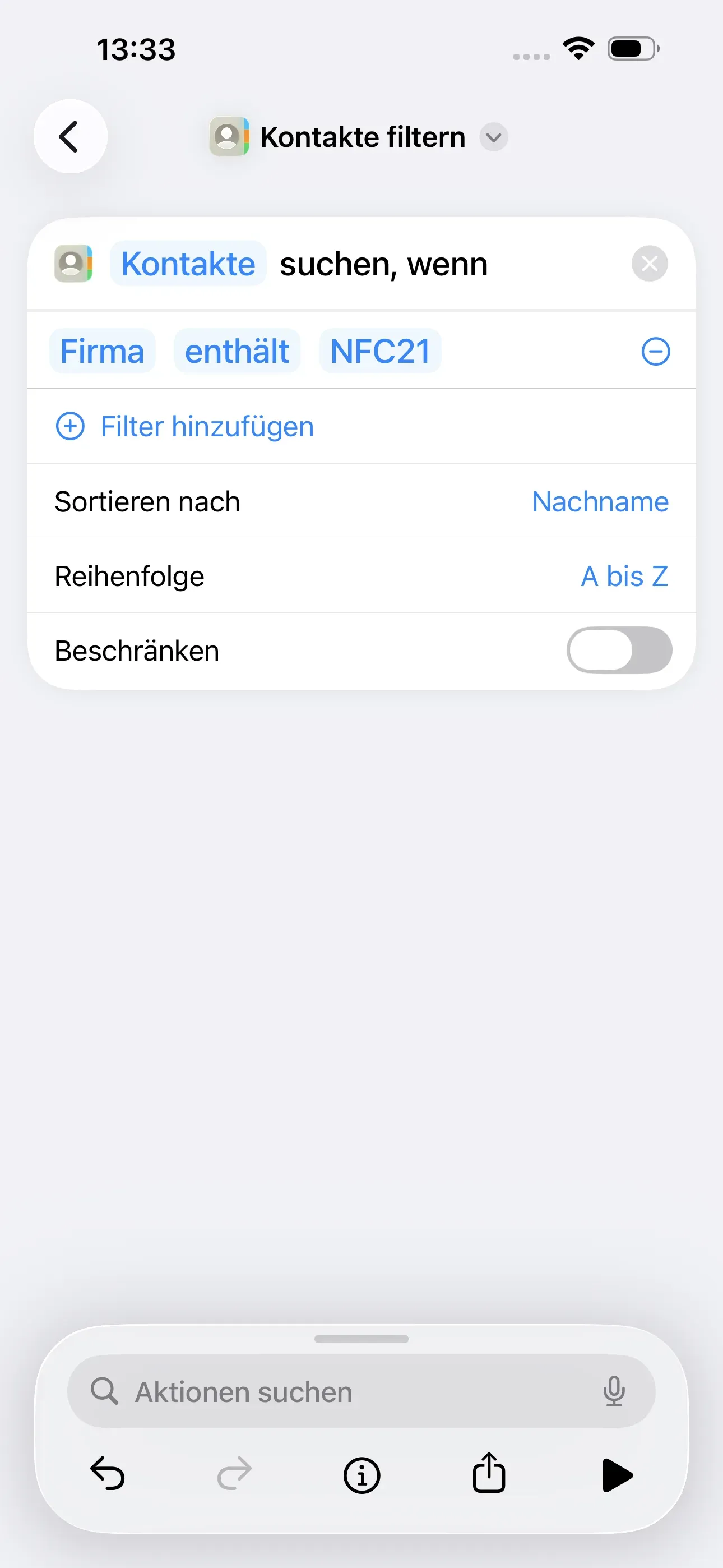 Es wurde „Sortieren nach Nachname“ eingestellt. Die Reihenfolge der Sortierung erfolgt von A bis Z.
