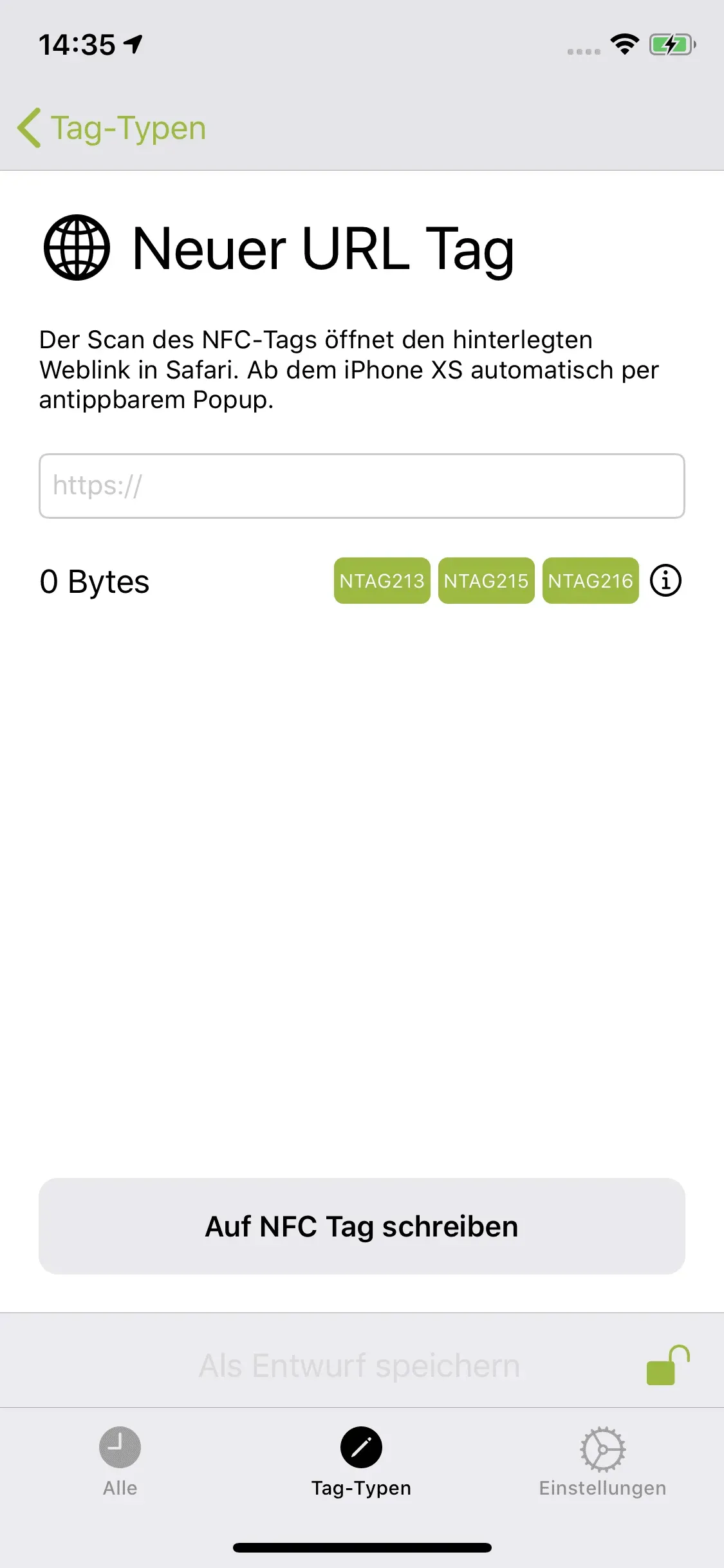 Die Seite „Neuer URL Tag“ ist erkennbar und in das untere Feld soll die URL der jeweiligen Website, auf die man beim Scan des NFC-Tags gelangen möchte, eingetragen werden.