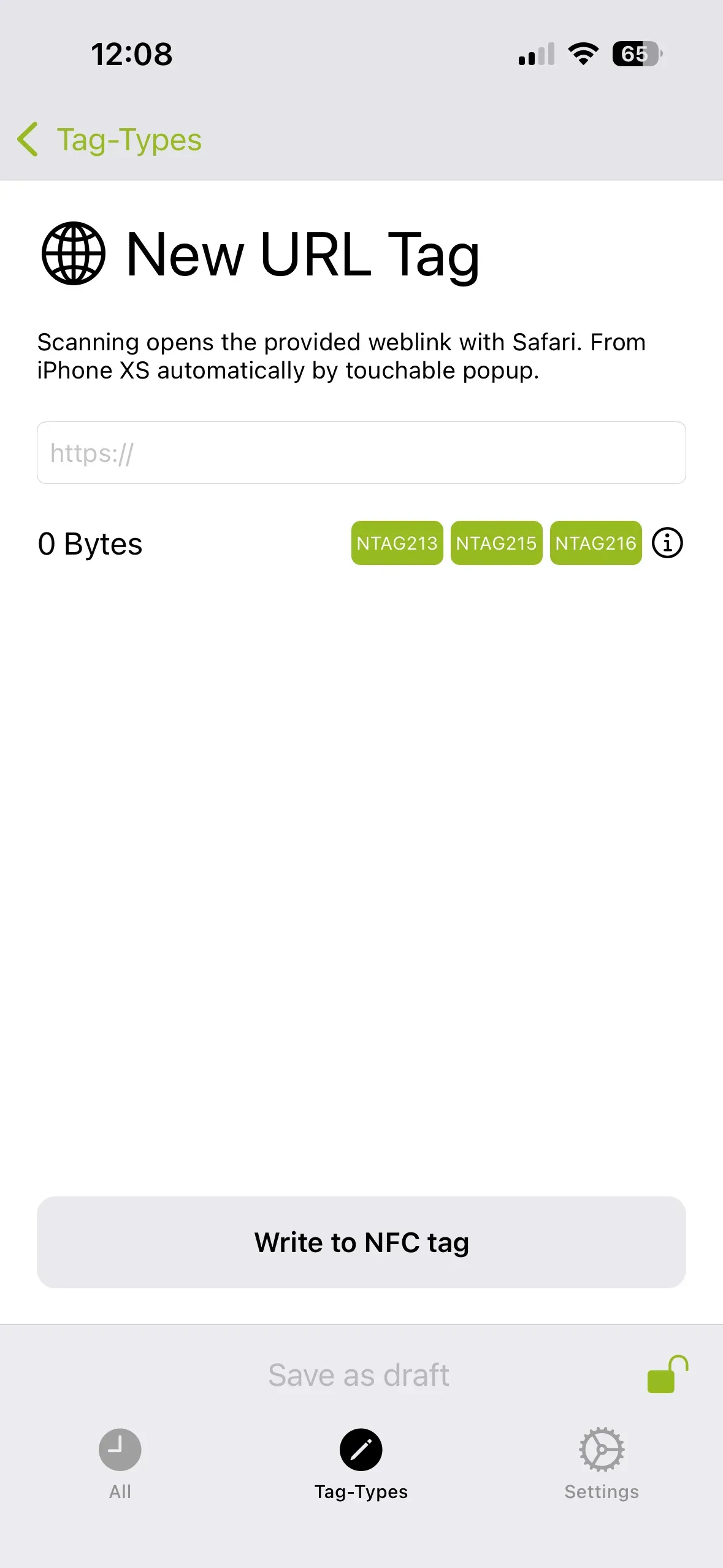 The “New URL Tag” page is clearly labeled, and you should enter the URL of the website you want to visit when scanning the NFC tag in the field below.