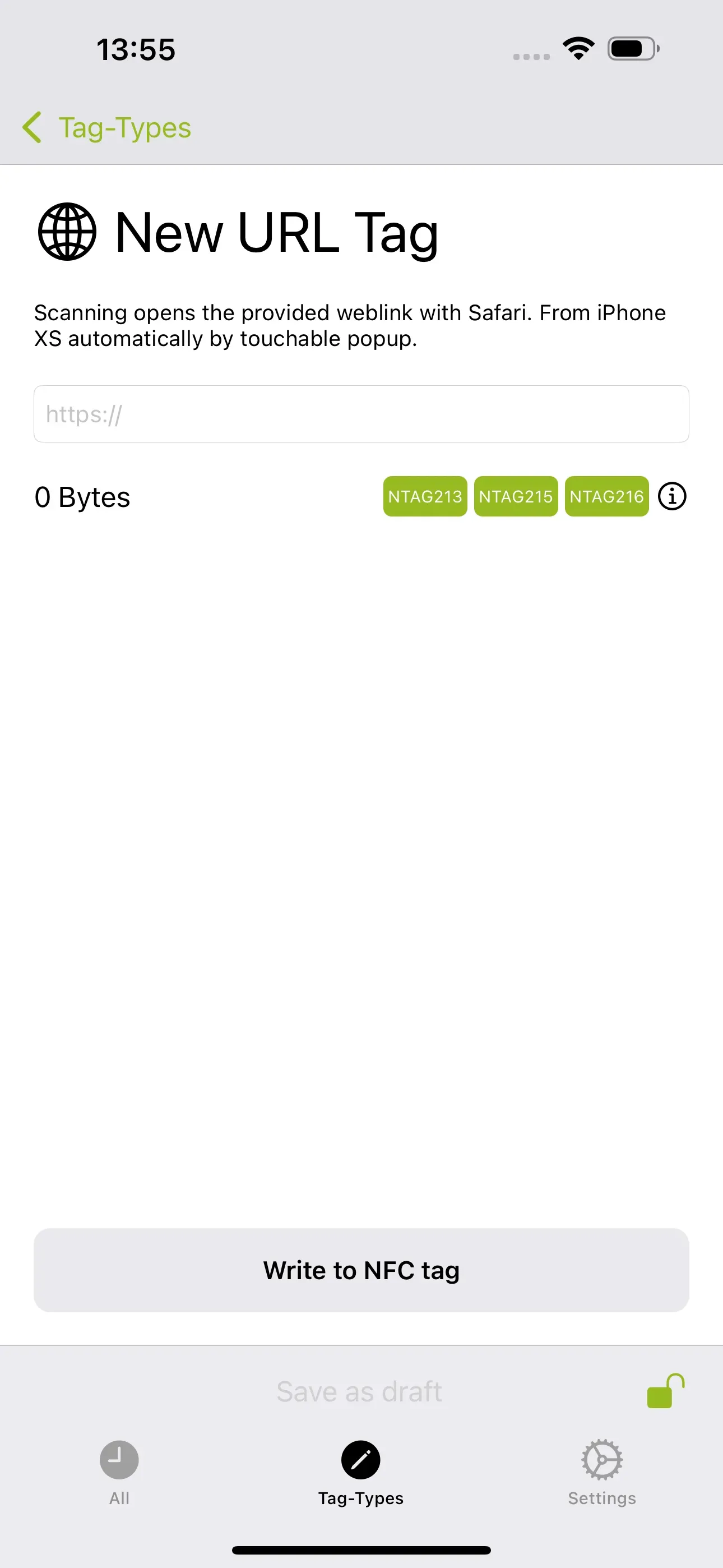 The ‘New URL Tag’ page is visible and the URL of the Spotify playlist should be entered in the field below.