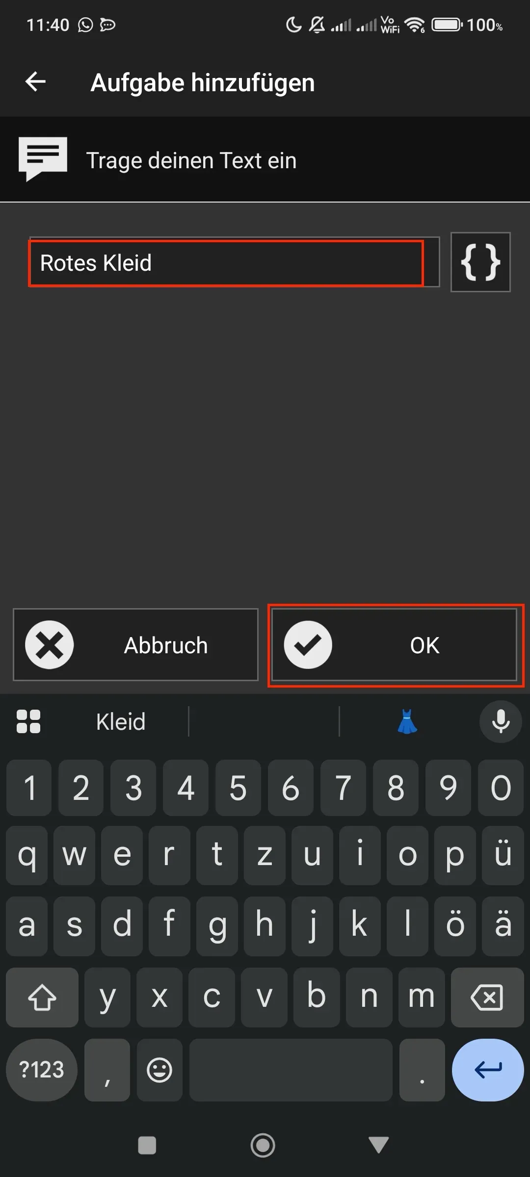 In das Textfeld soll „Rotes Kleid“ eingetragen werden.