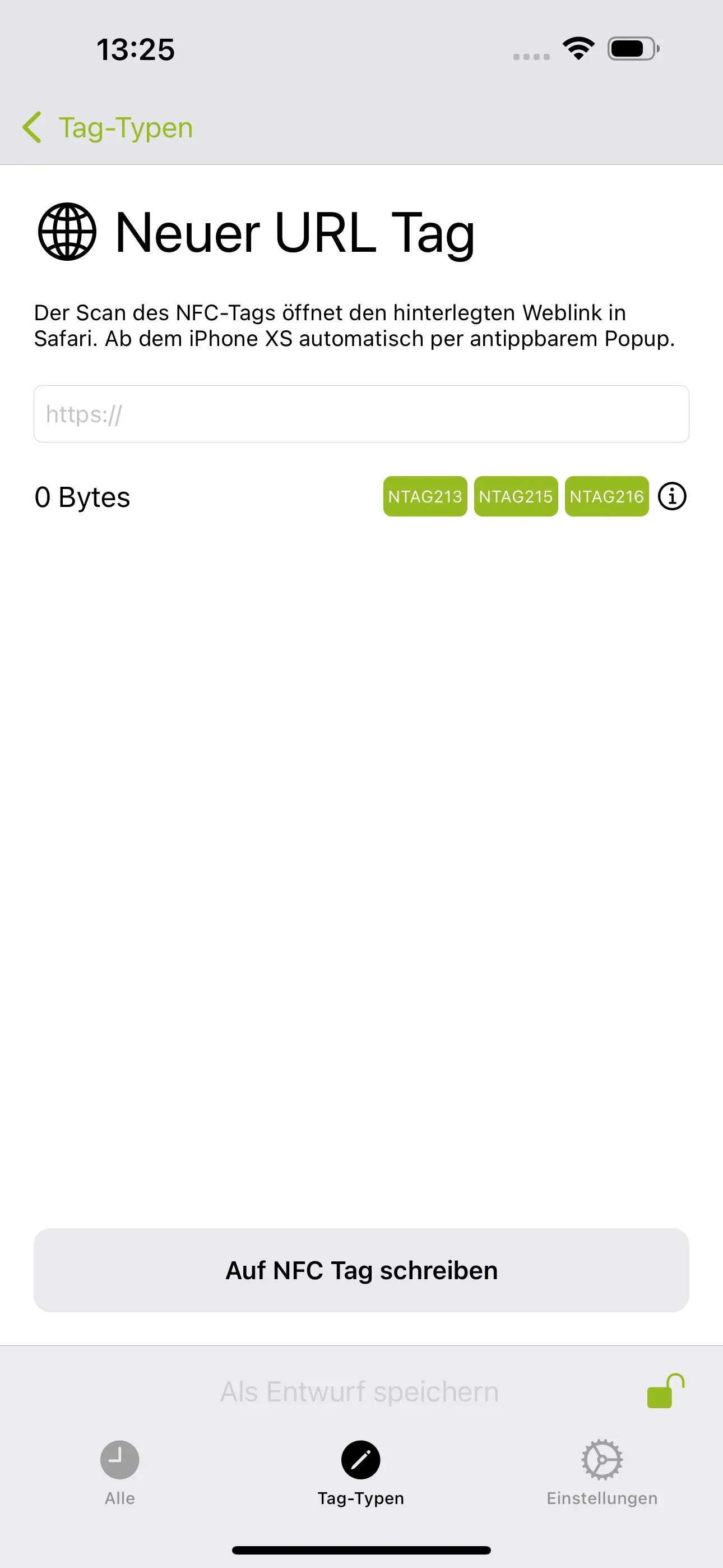 Die Seite „Neuer URL Tag“ ist erkennbar und in das untere Feld soll die URL der Spotify-Playlist eingetragen werden.