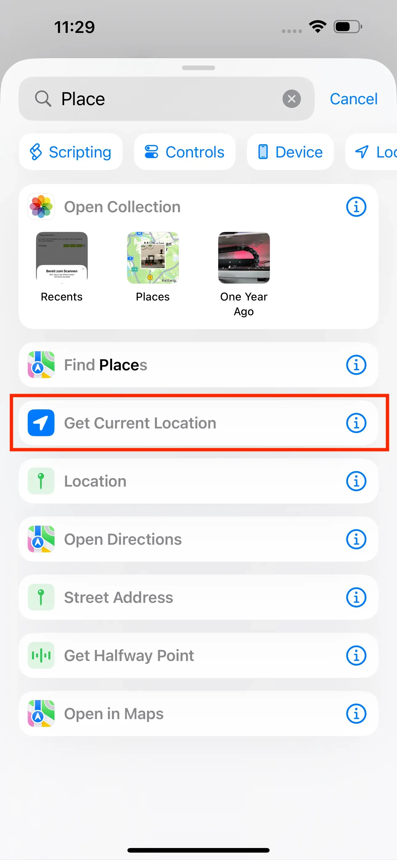 The “Get Current Location” action should be selected.
