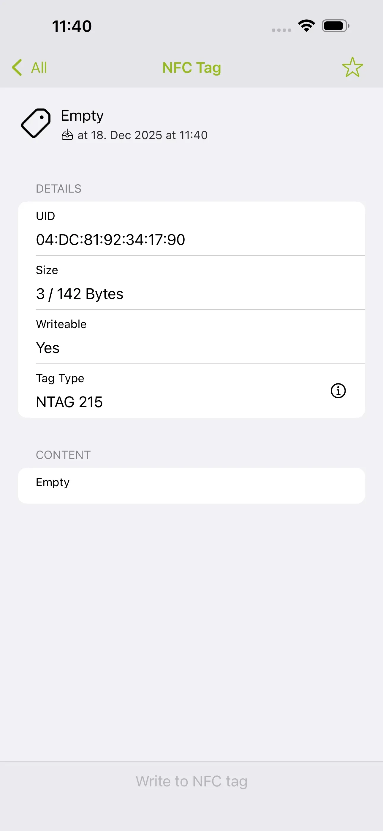 Various information about the NFC tag can be viewed. This includes: the size, write protection, tag type or NTAG formatting, and the content stored on it.