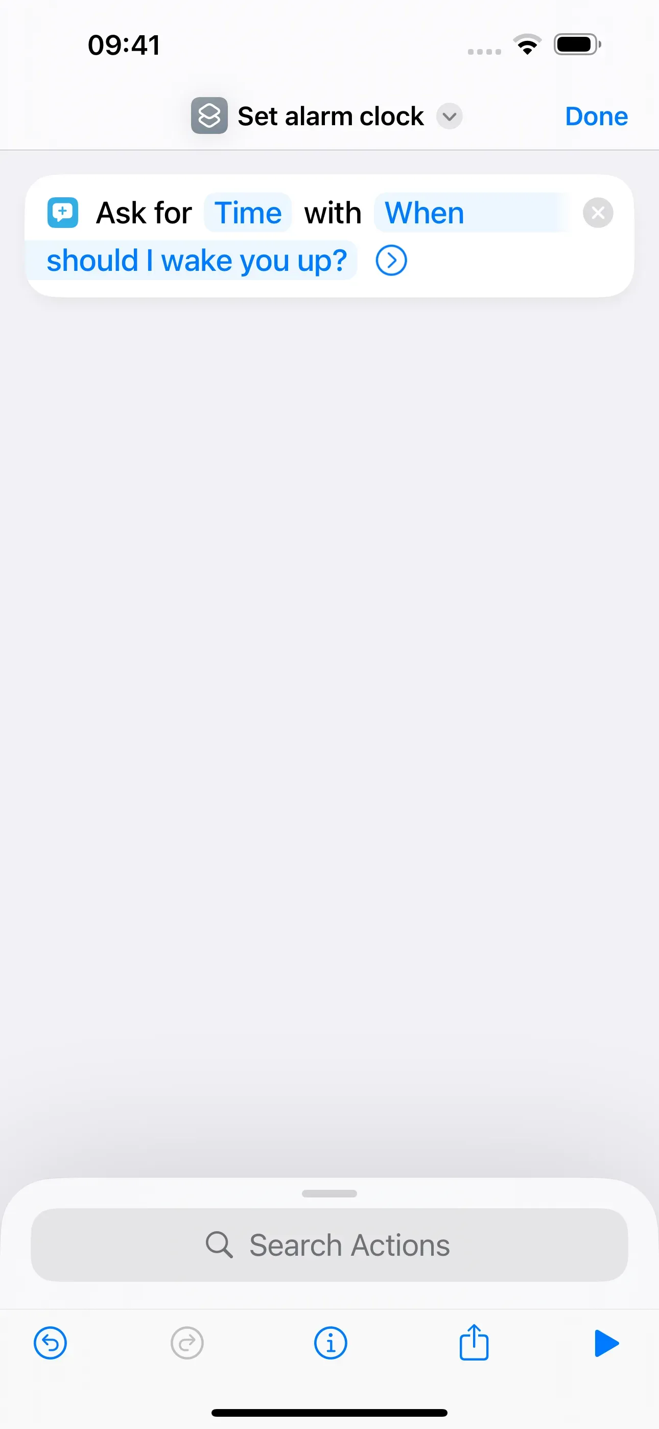 The following question is written in the ‘Prompt’ field: ‘When should I wake you up?’. In addition, the previous left field now says 'Time' instead of ‘Text’.