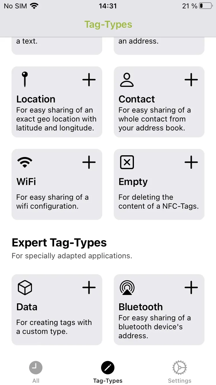 Expert tag types that define data formats or share Bluetooth addresses cannot be read directly in iOS.