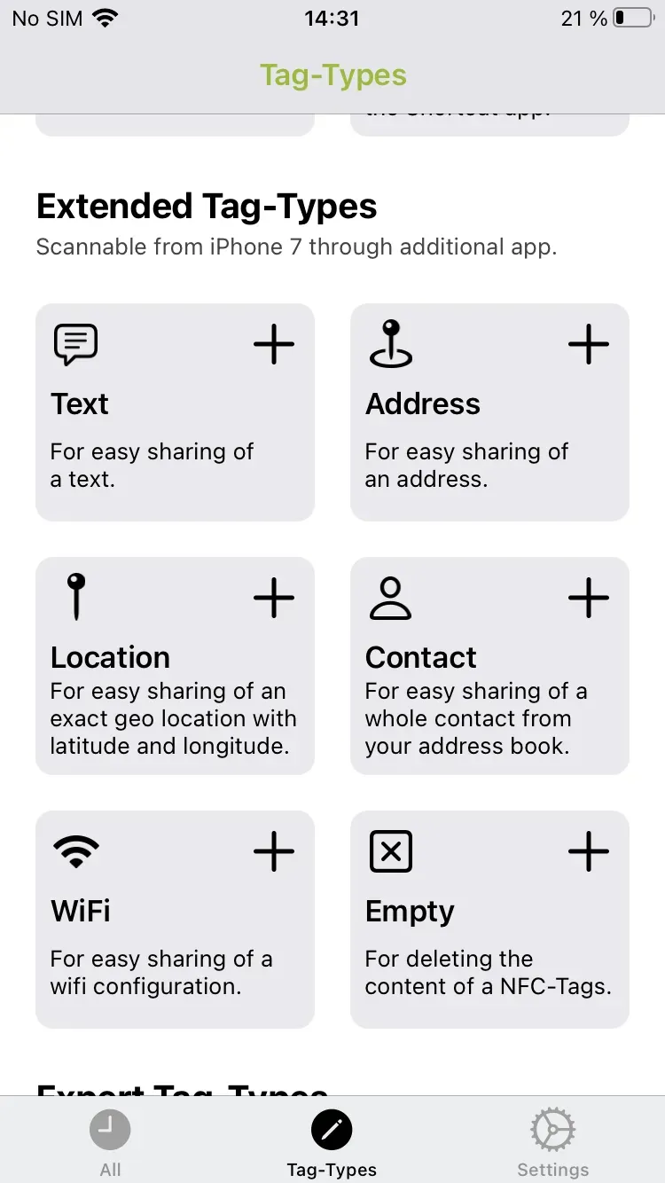 Extended tag types that contain text, address, location, contacts, and Wi-Fi access, and can delete content from the tag, cannot be read directly in iOS.
