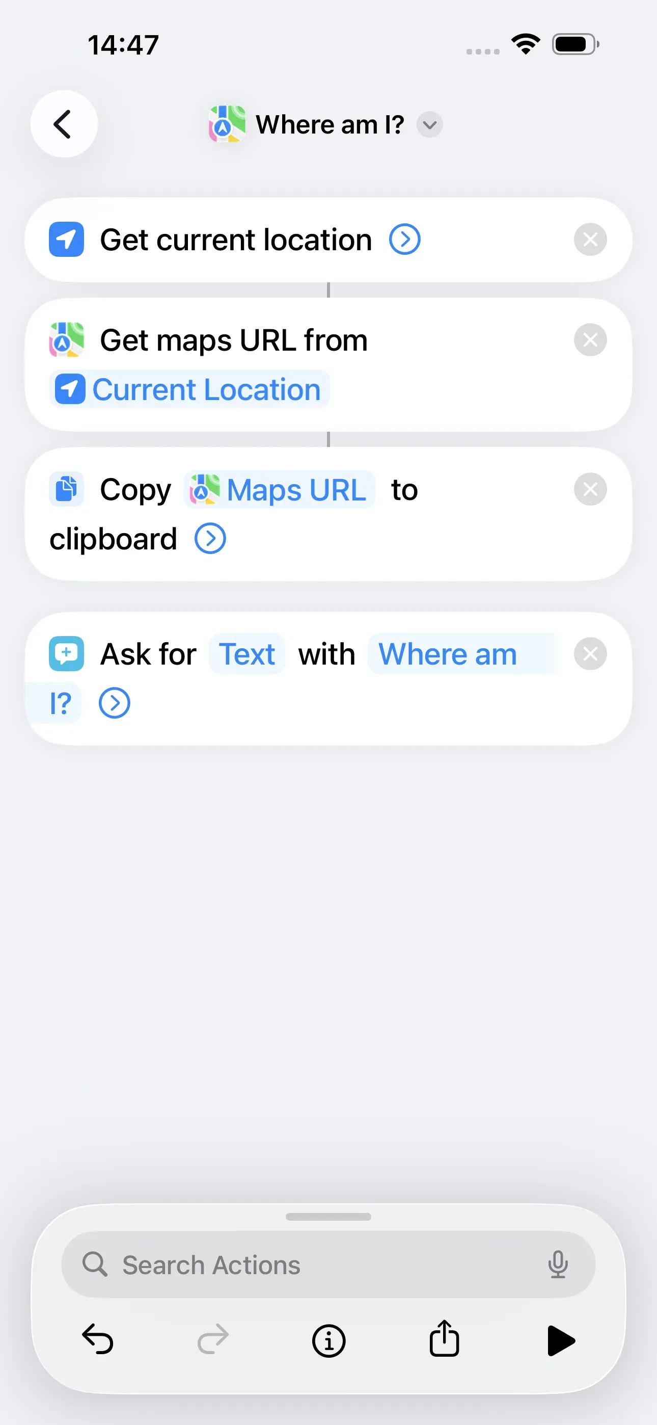 The action ‘Ask for Text with “Where am I?” ’ is being discontinued.
