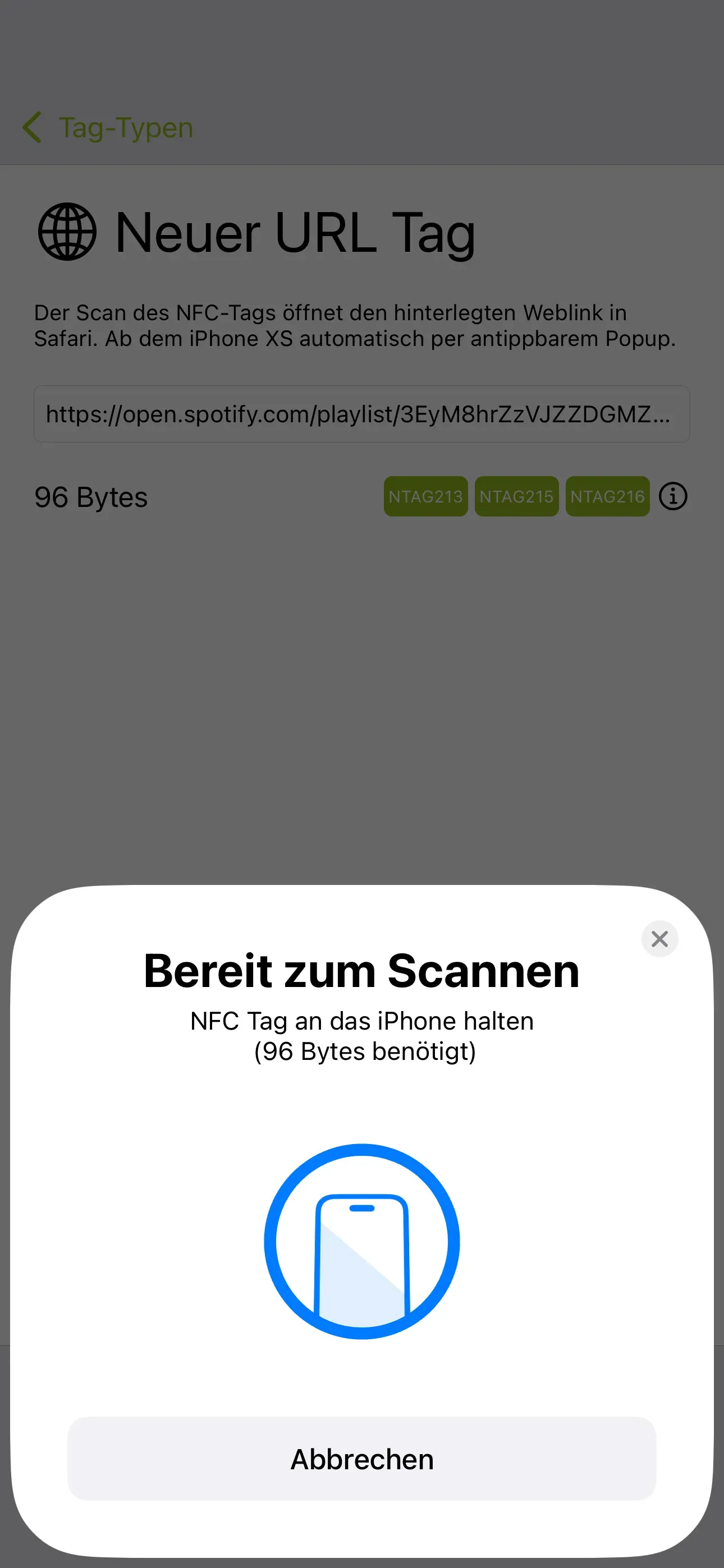 NFC-Tag soll mit dem iPhone gescannt werden.