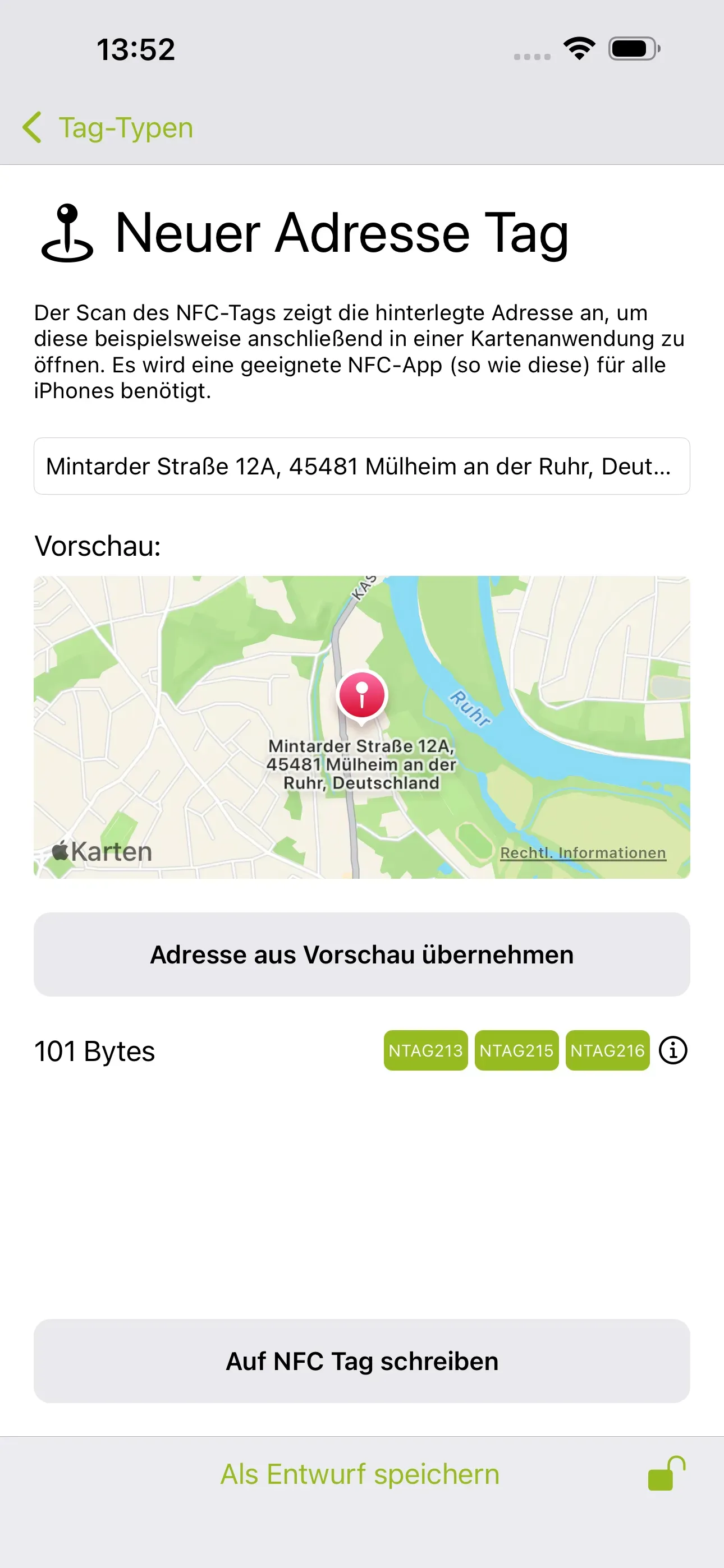 Die Seite „Neuer Adresse Tag“ ist erkennbar und in das untere Feld soll die Adresse eingetragen werden, die beim Scan des NFC-Tags angezeigt werden soll.