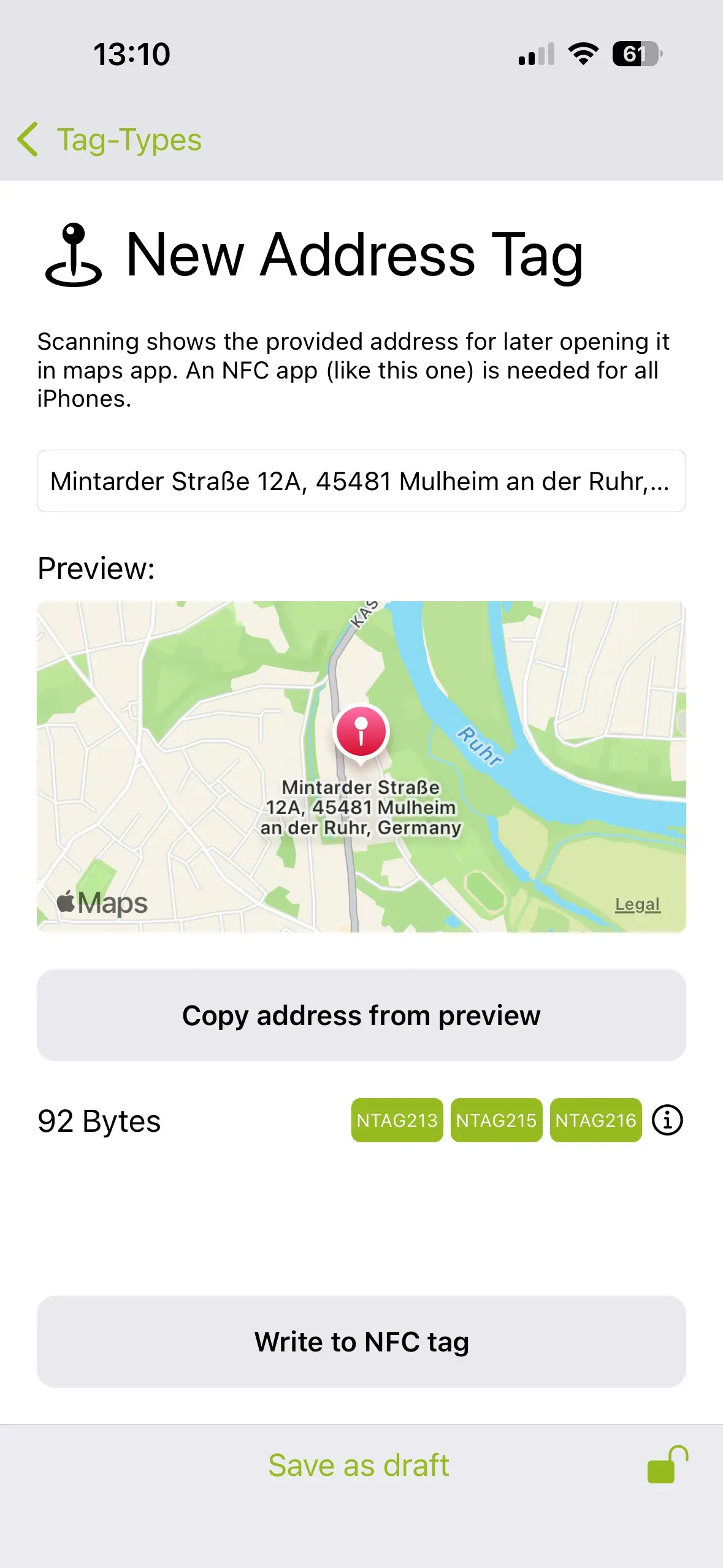 The “New Address Tag” page is displayed, and you should enter the address in the field below, that you want to appear when the NFC tag is scanned.
