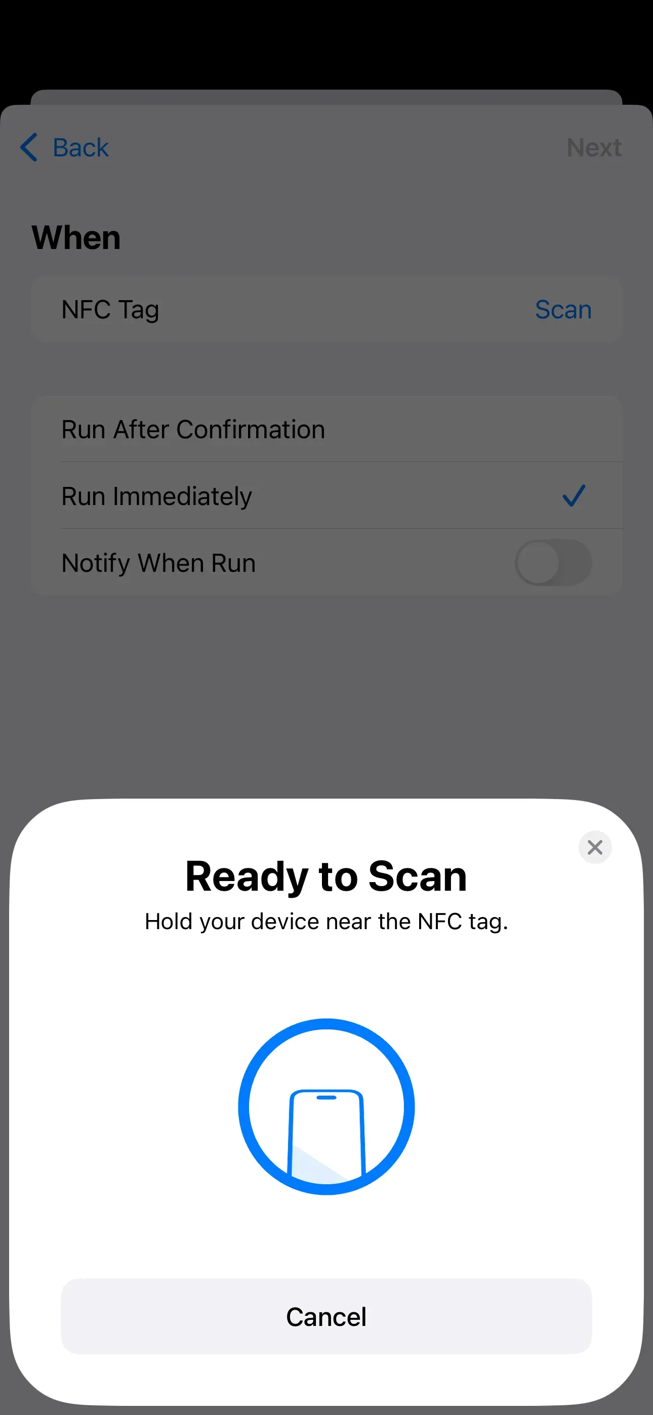 A pop-up window appears saying ‘Ready to Scan’ and prompts you to scan the NFC tag.