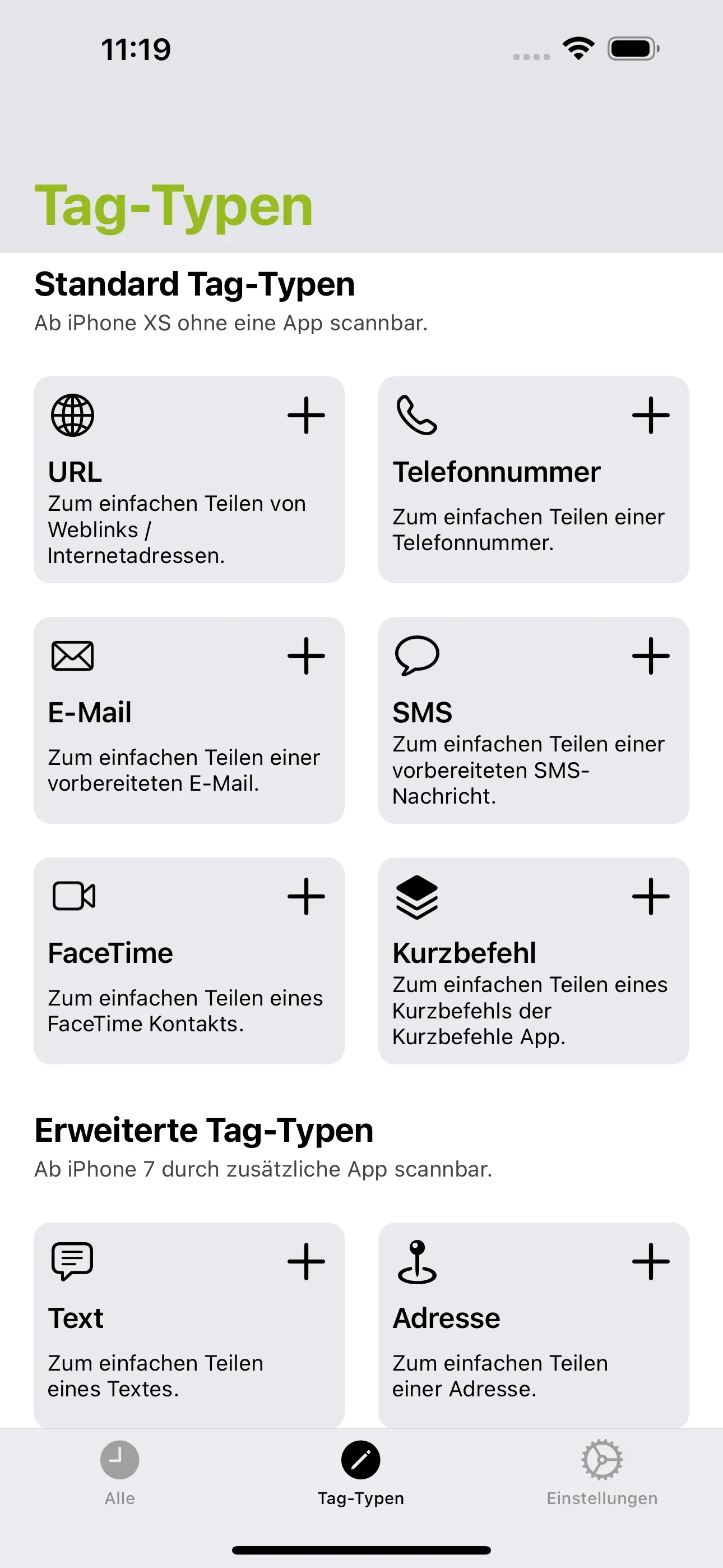 Die Standard Tag-Typen sind erkennbar: URL, E-Mail, FaceTime, Telefonnummer, SMS, Kurzbefehl.