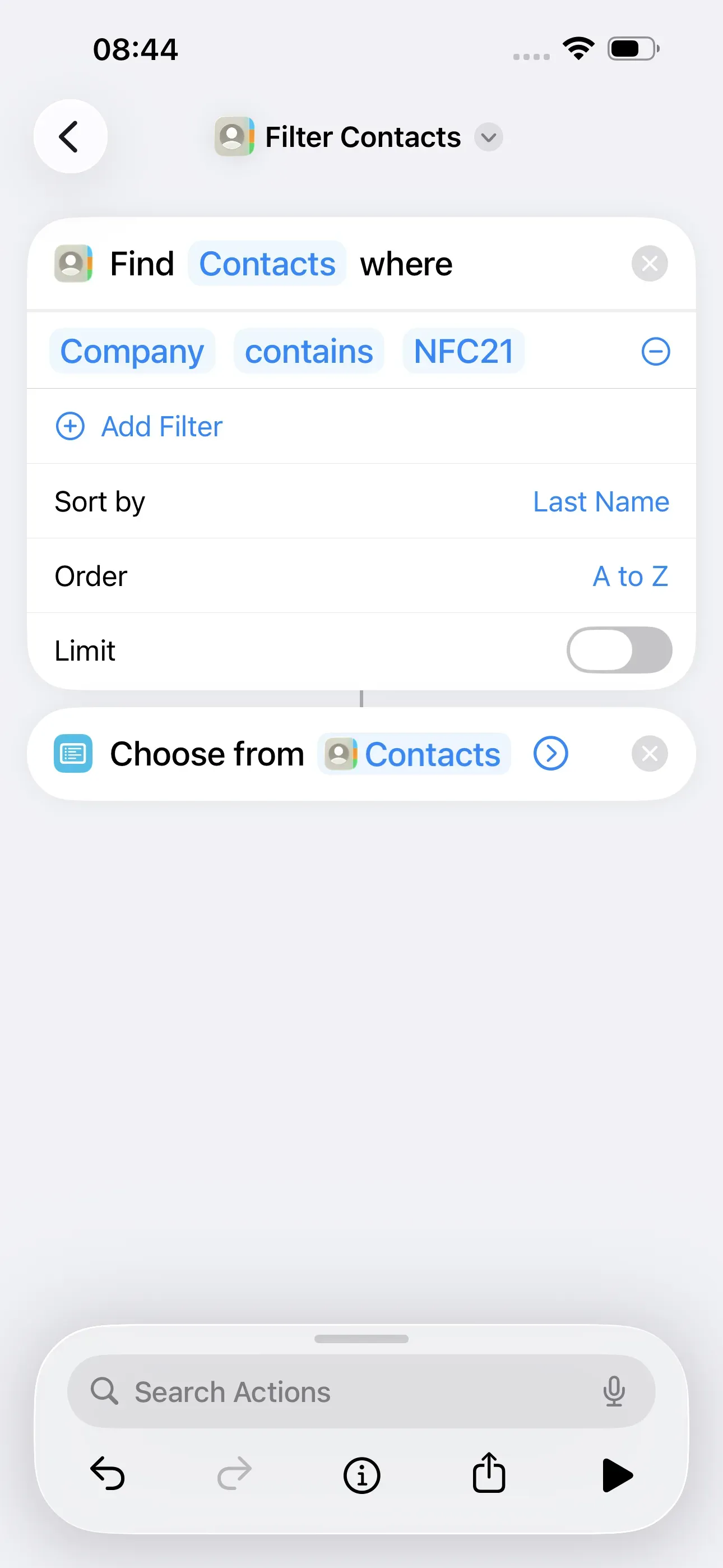 The ‘Choose from Contacts’ action has been started.