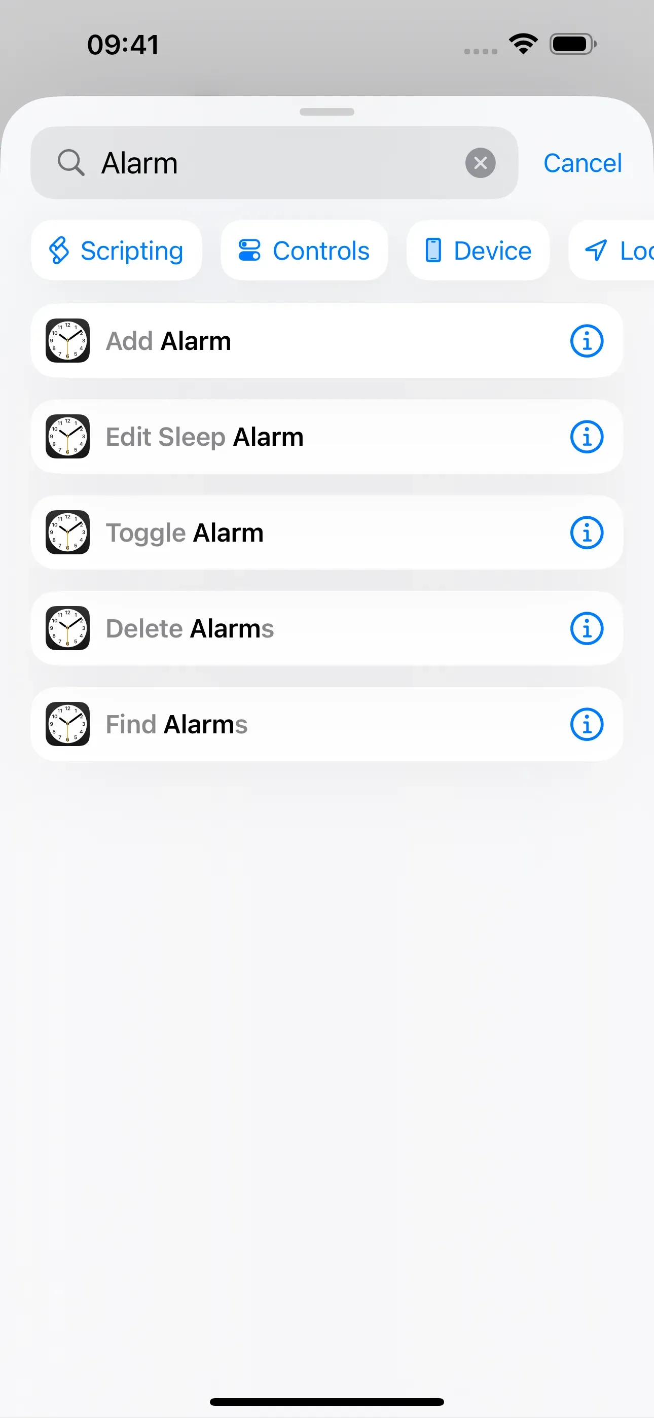 Enter ‘Alarm’ in the search bar and select the ‘Add Alarm’ action.