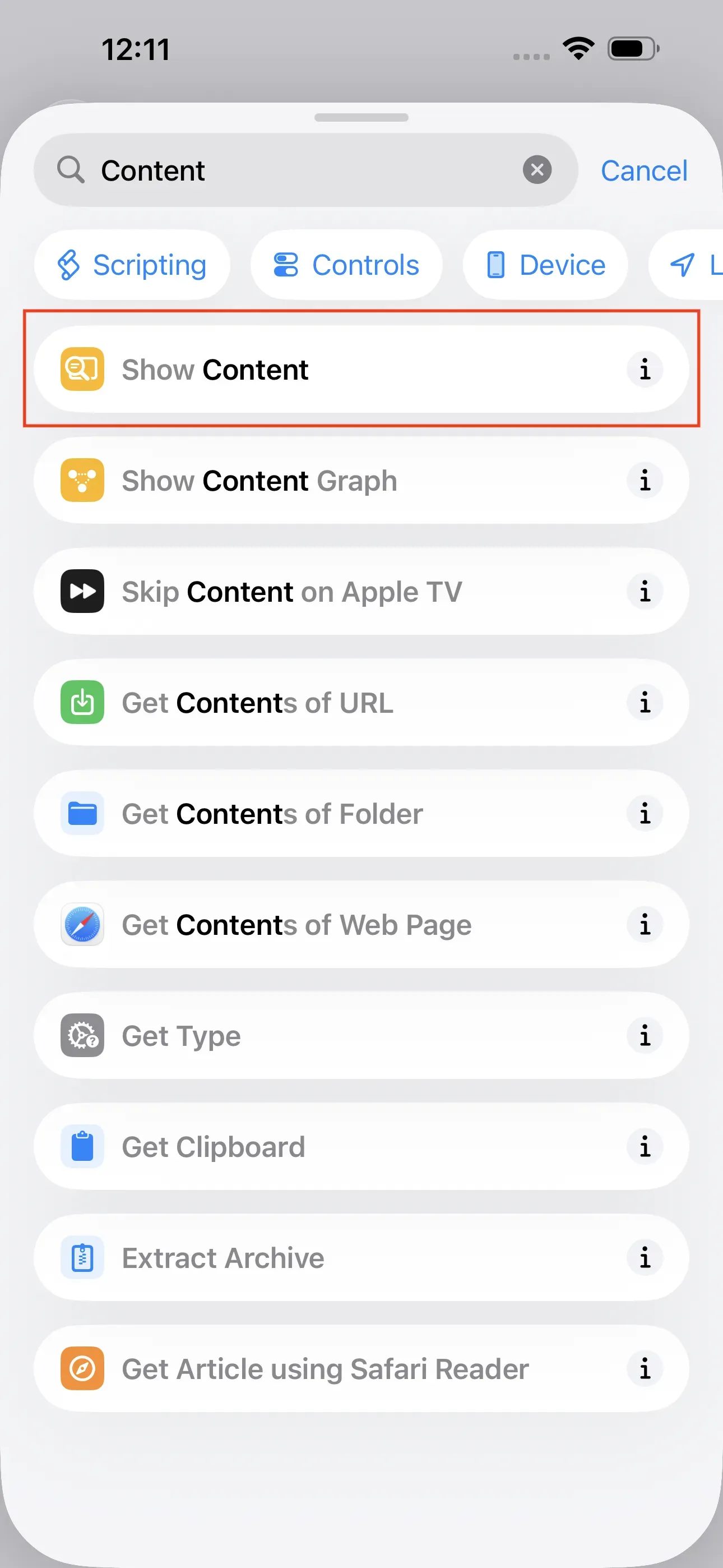 The search bar searches for ‘Content’. The ‘Show Content’ action is framed in red.