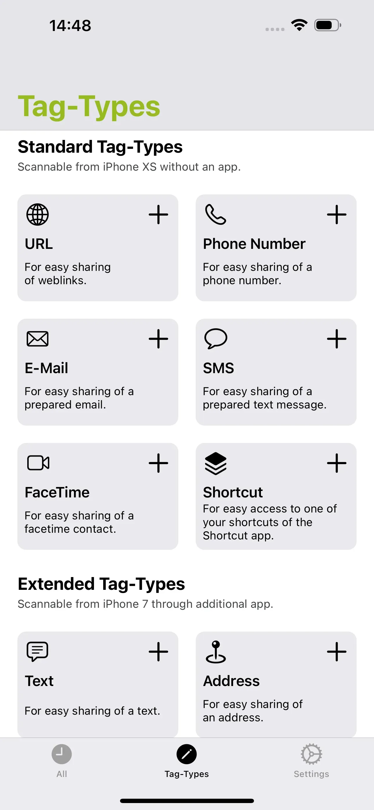 The Standard tag-Types are recognizable: URL, E-Mail, FaceTime, Phone Number, SMS, Shortcut.