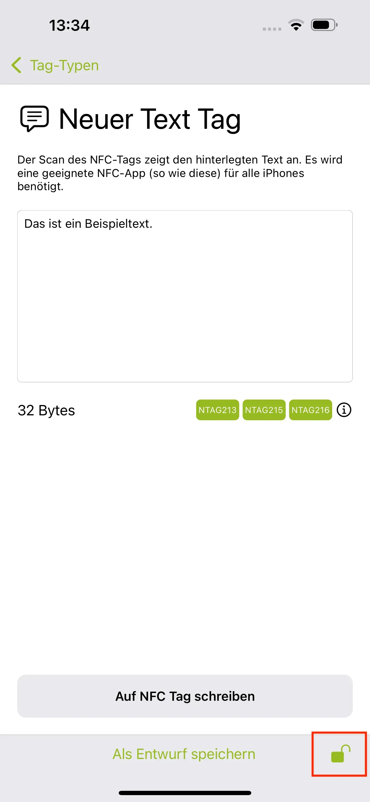 Unten rechts nehmen dem Button „Als Entwurf speichern“, befindet sich das Schloss-Symbol.