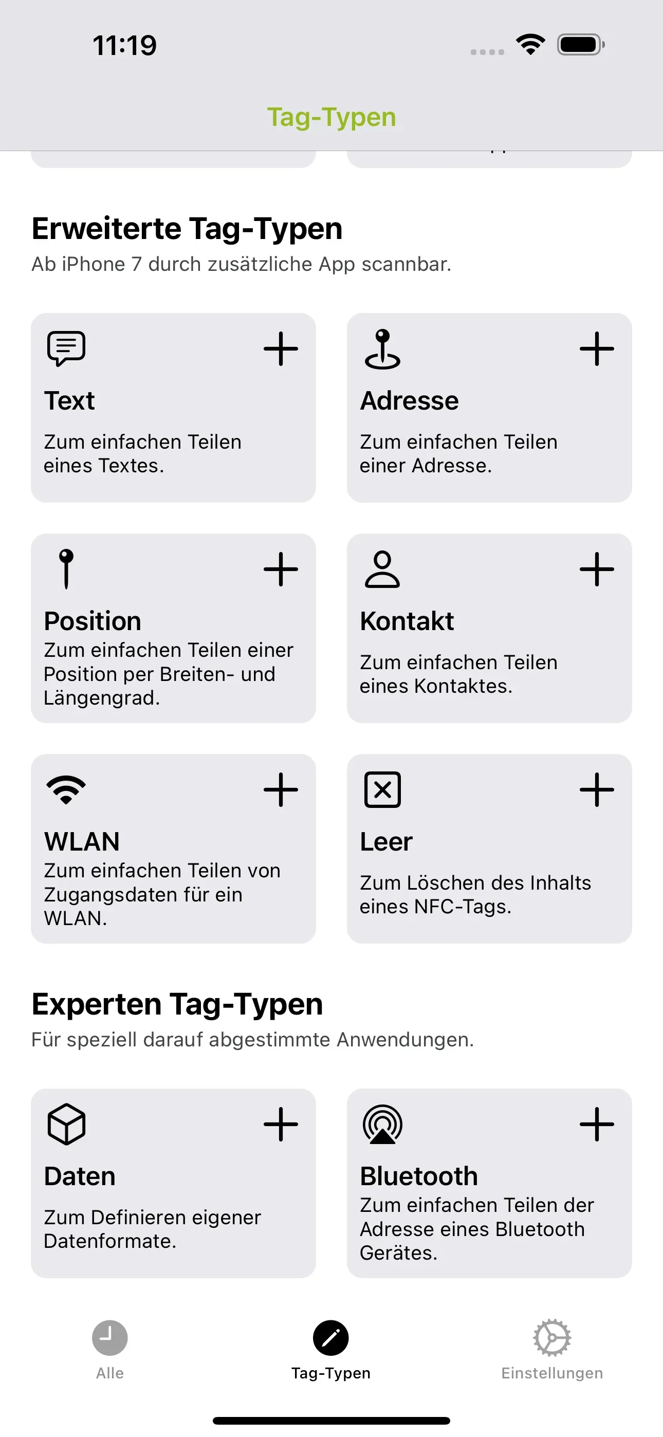 Die Erweiterten Tag-Typen sind erkennbar: Text, Position, WLAN, Adresse, Kontakt, Leer.