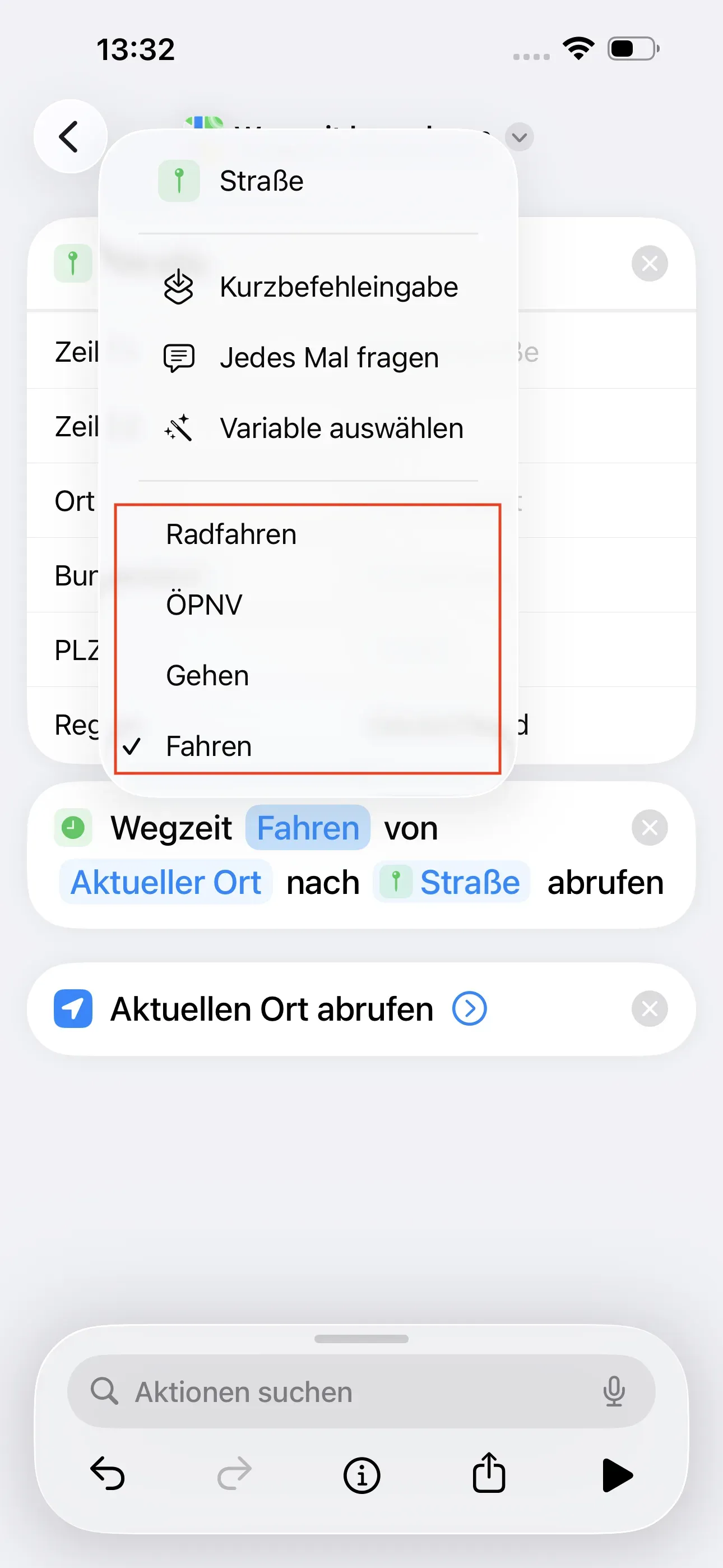 Es muss ausgewählt werden, wie der Weg angetreten wird. Die folgenden Optionen stehen zur Auswahl: Radfahren, ÖPNV, Gehen, Fahren. Fahren wird in diesem Fall ausgewählt.